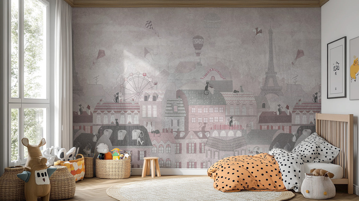 Whimsical Paris cityscape wallpaper mural
