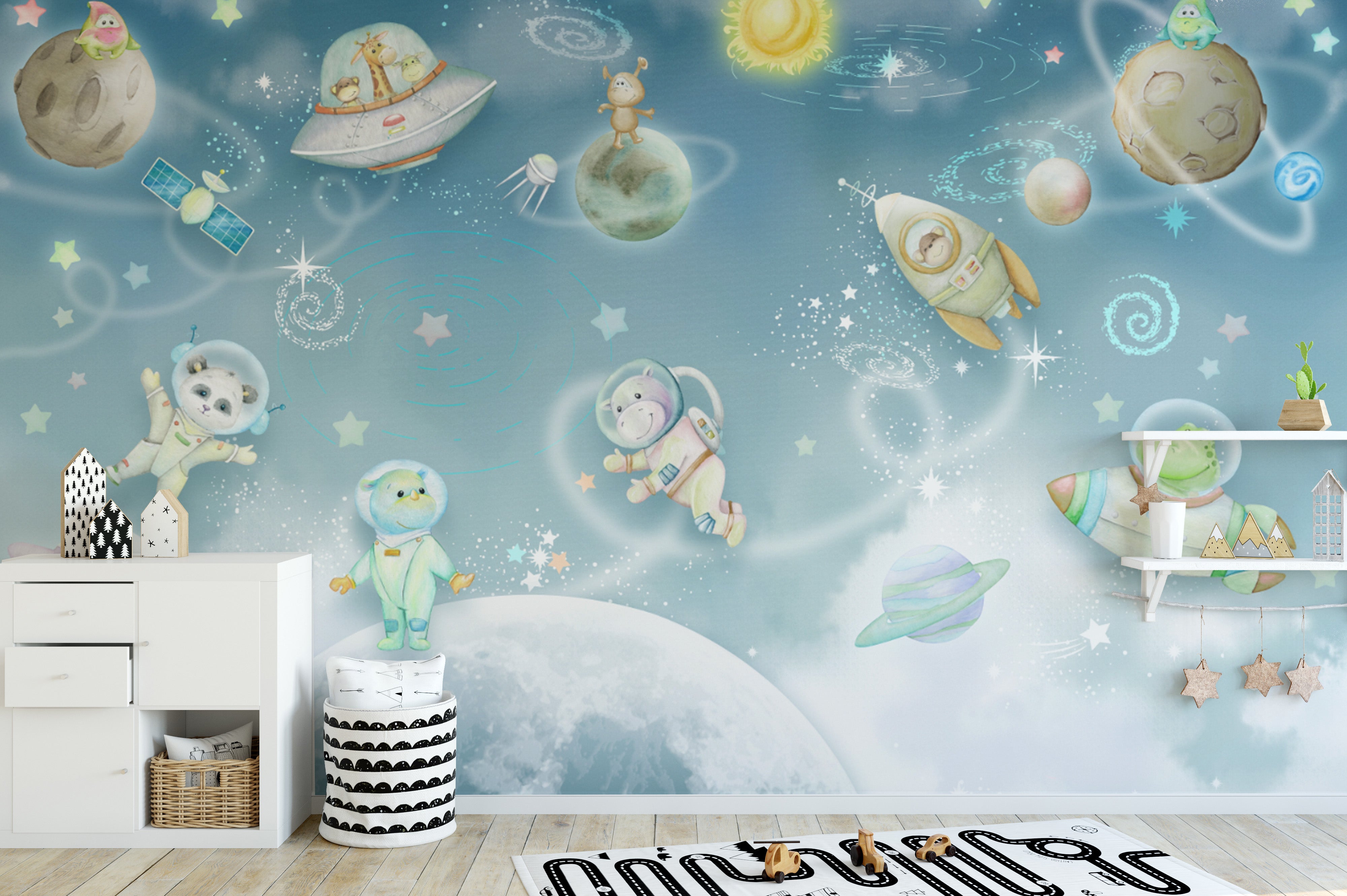 Space-themed nursery wallpaper with animals
