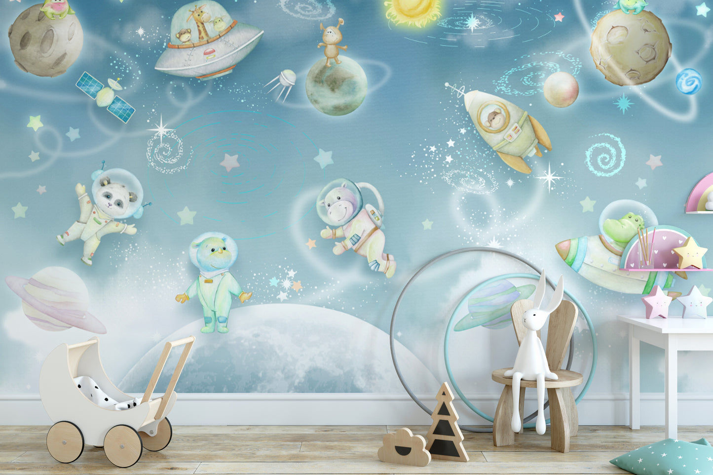 Cute animal space adventure wall mural
