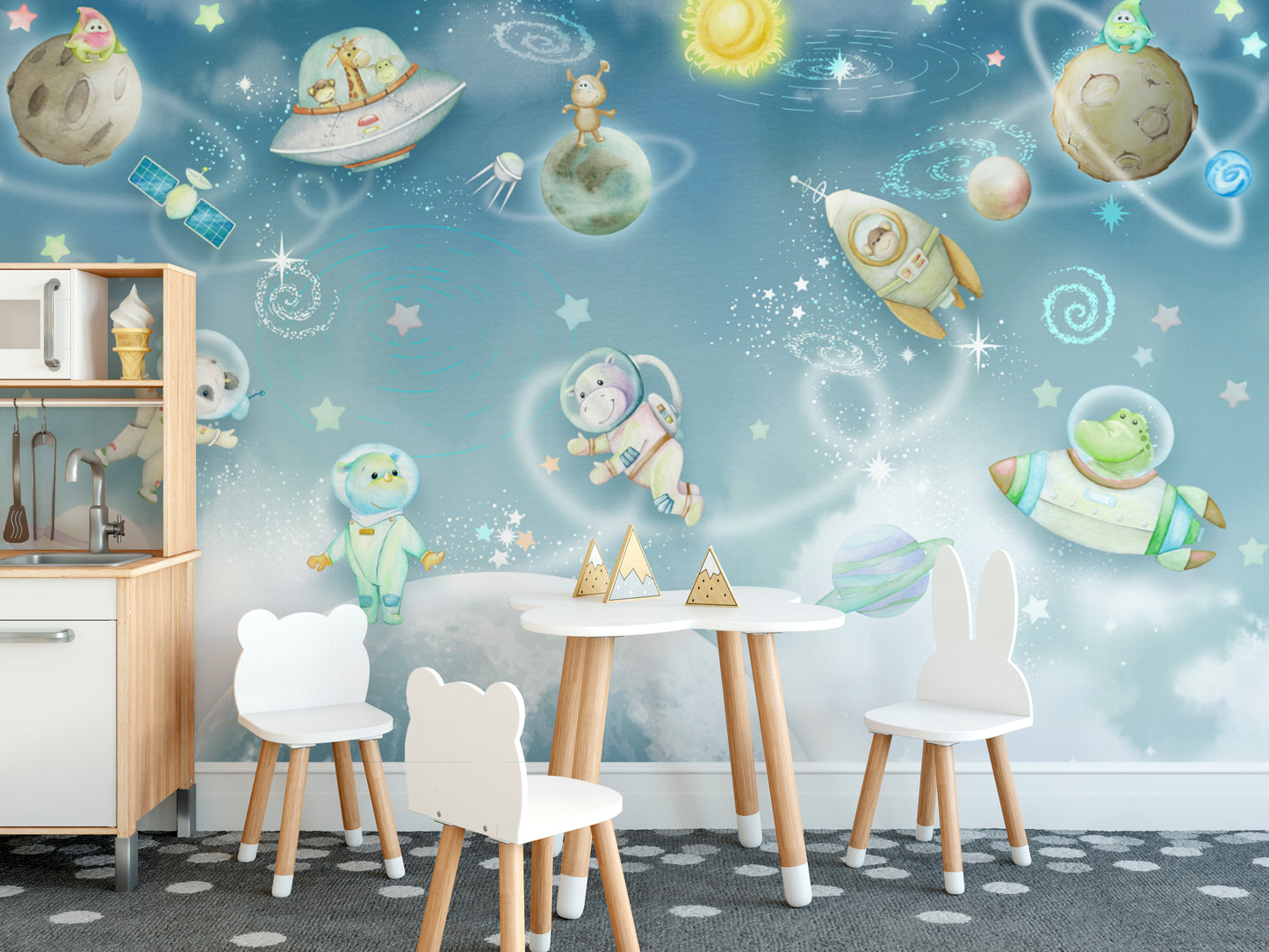 Cartoon astronaut animals wall covering
