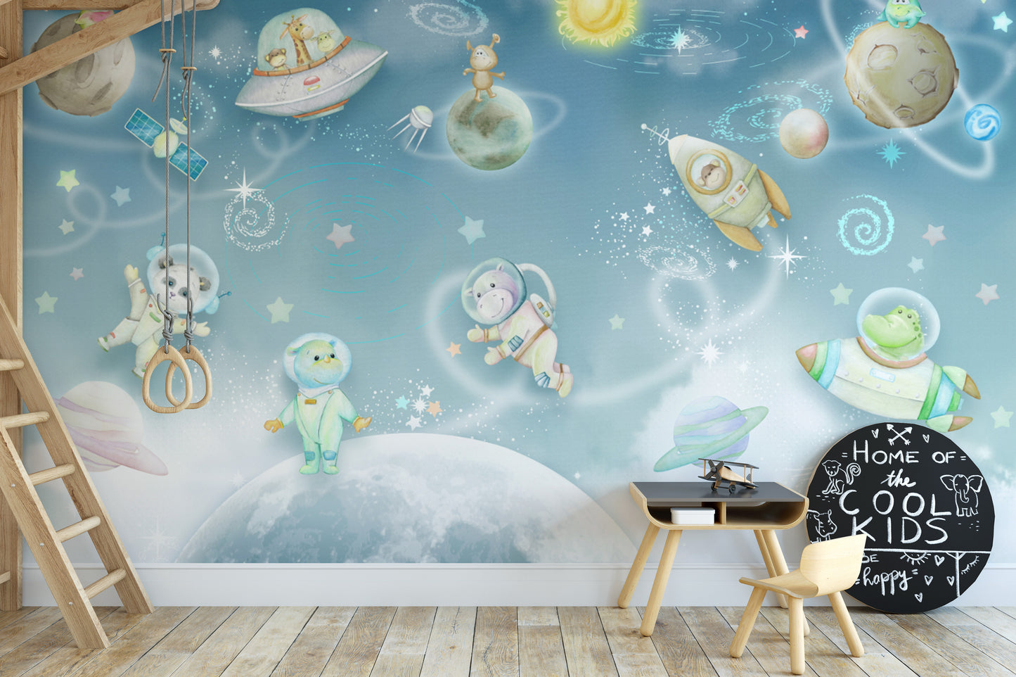 Outer space wallpaper with animals and planets
