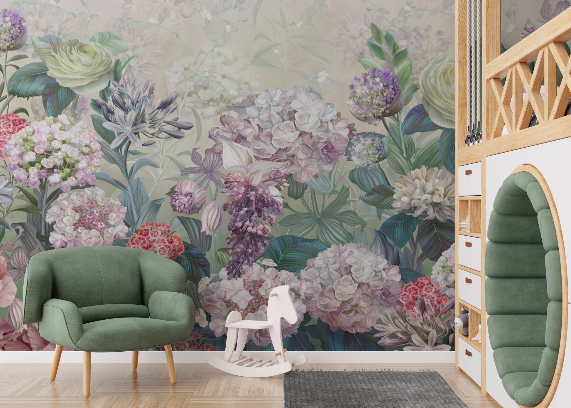 Bright garden-inspired wallpaper mural
