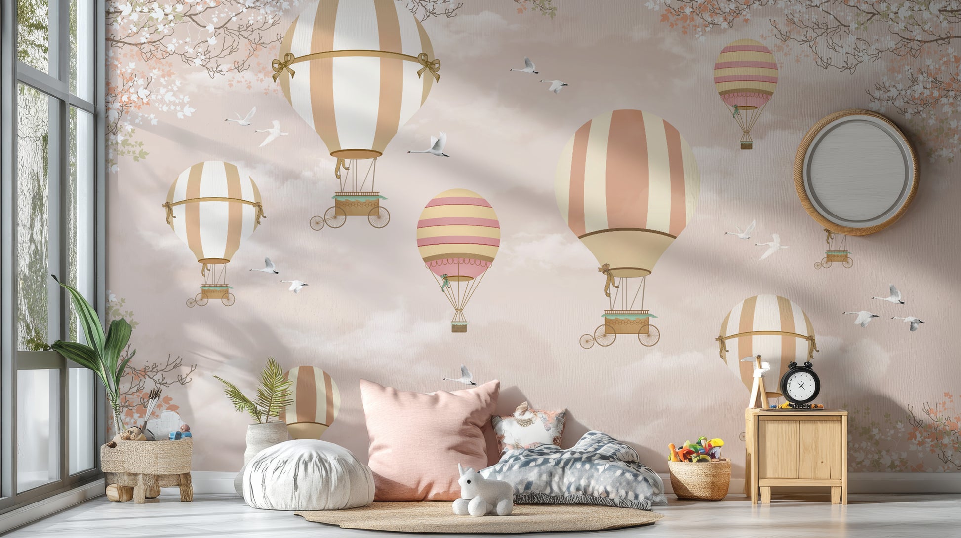 Kids room wallpaper with balloons and clouds






