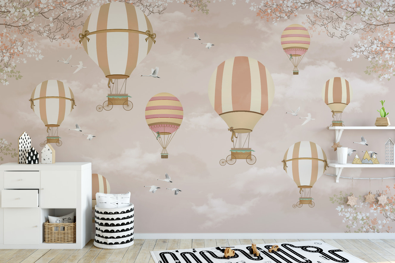 Pastel hot air balloons kids room wallpaper
