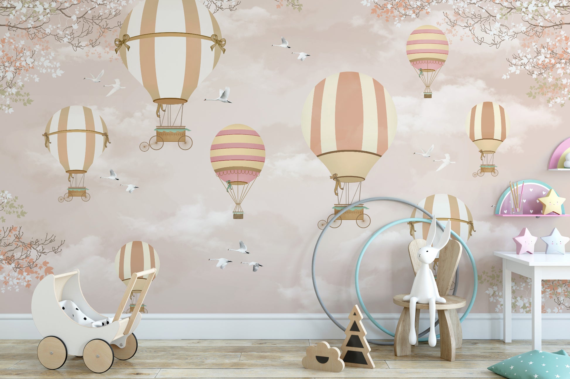 Nursery wall mural with floating balloons
