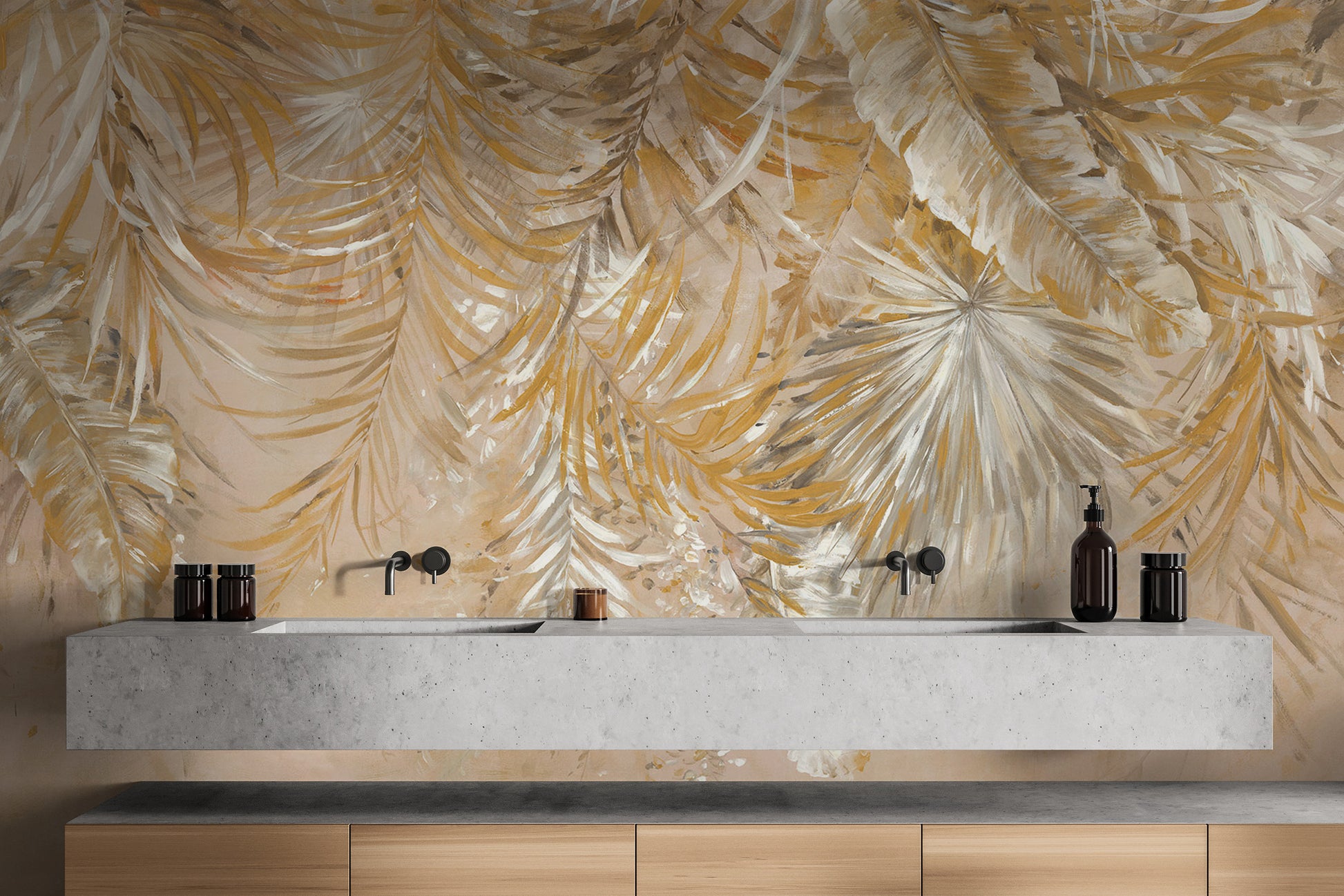 Modern tropical foliage wallpaper in gold
