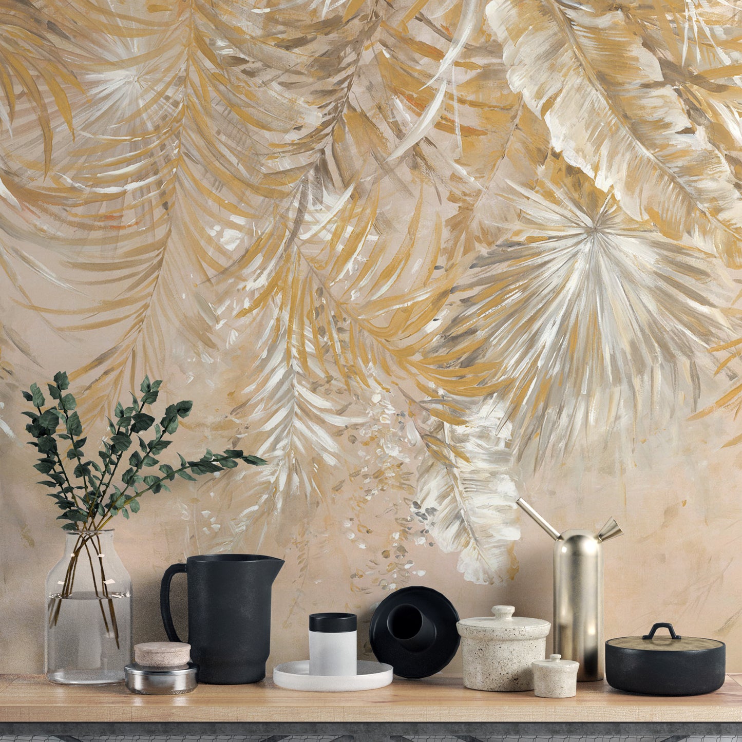 Warm-toned tropical palm leaf wall covering
