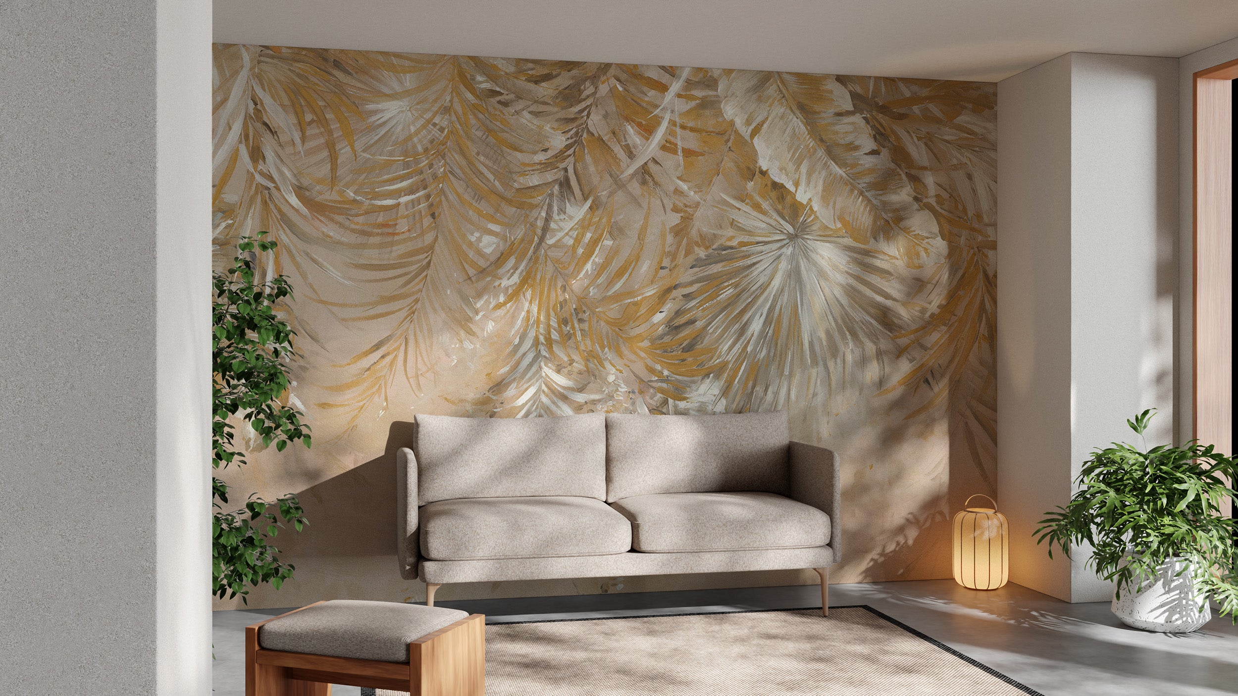 Golden tropical palm leaf wallpaper design
