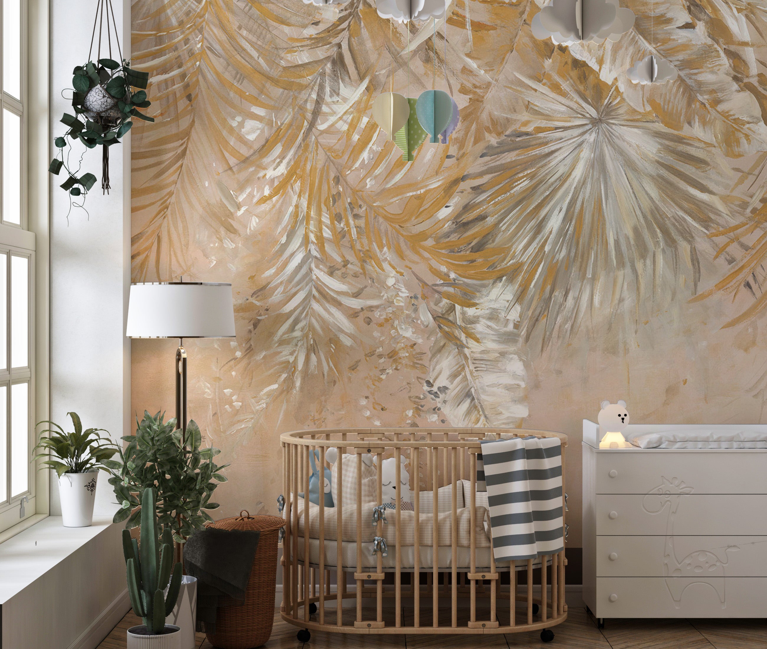 Abstract palm leaf mural in beige tones
