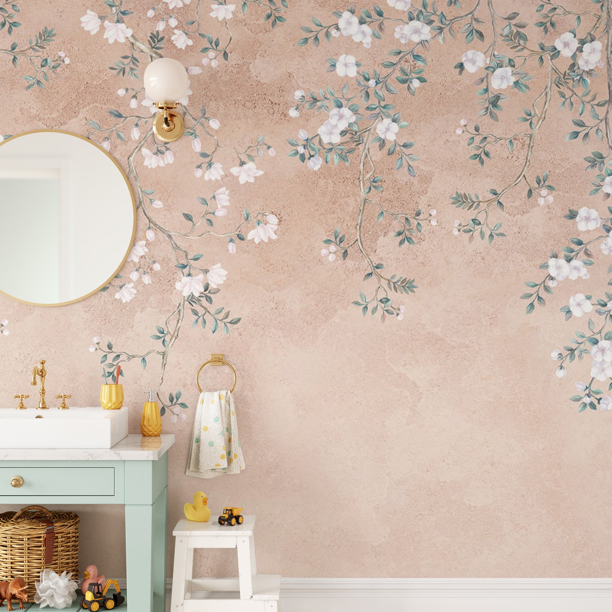 Romantic floral wall mural in beige
