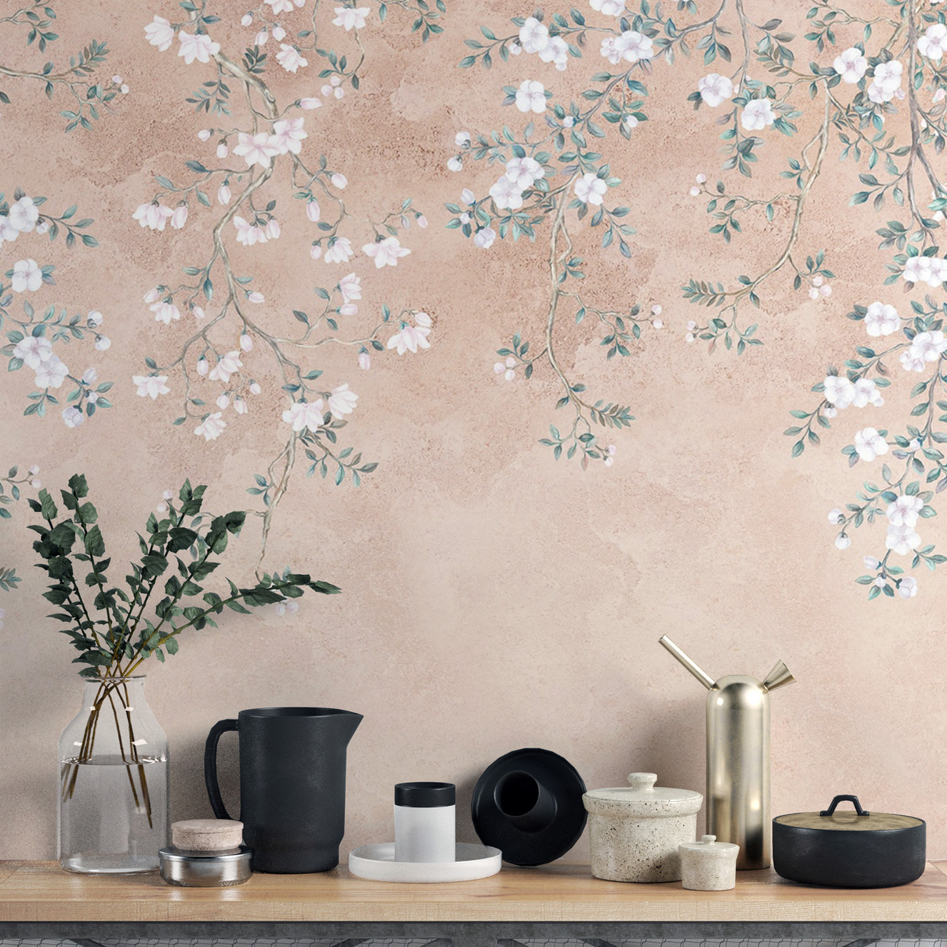 Delicate floral branch wallpaper mural
