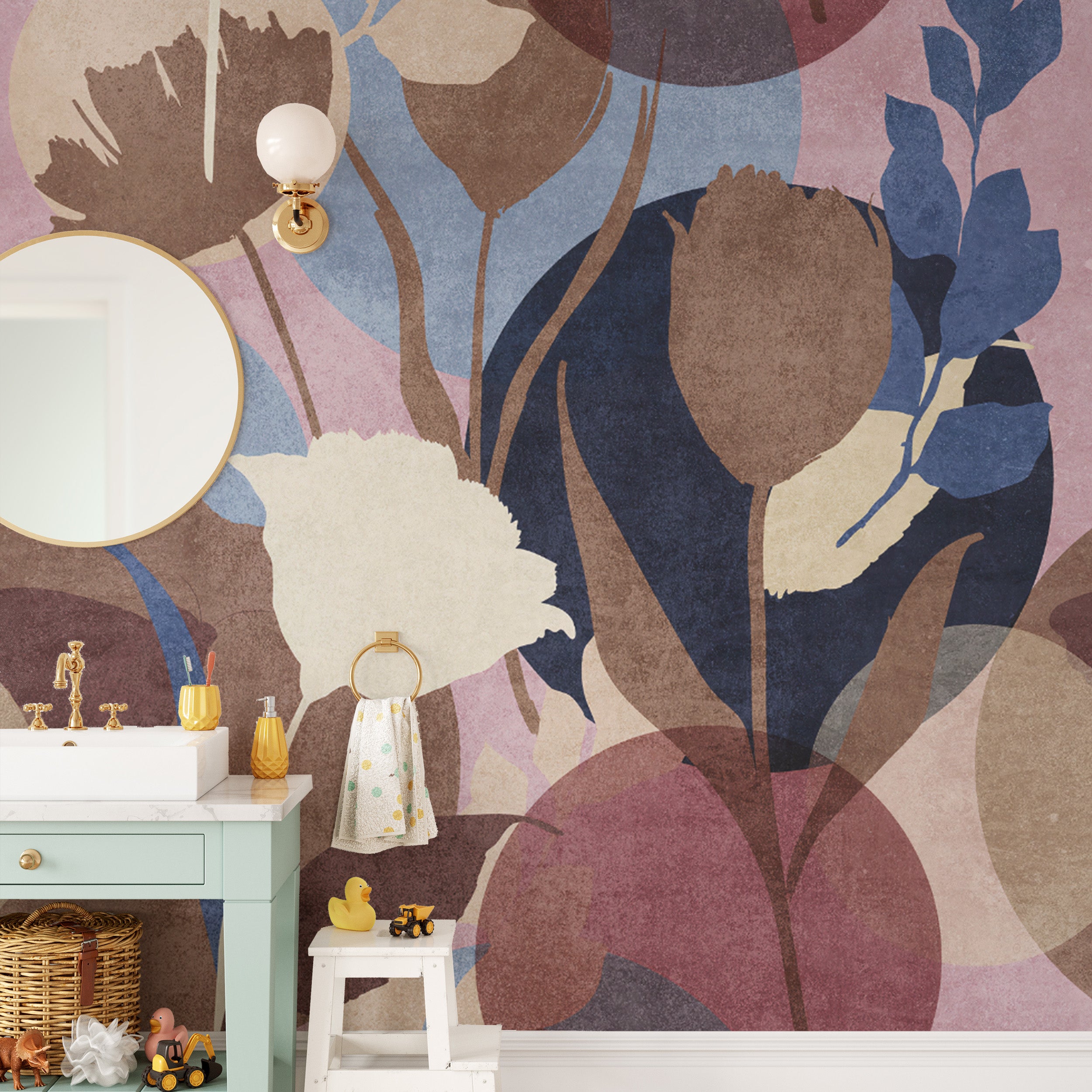 Abstract floral botanical wallpaper in earthy tones
