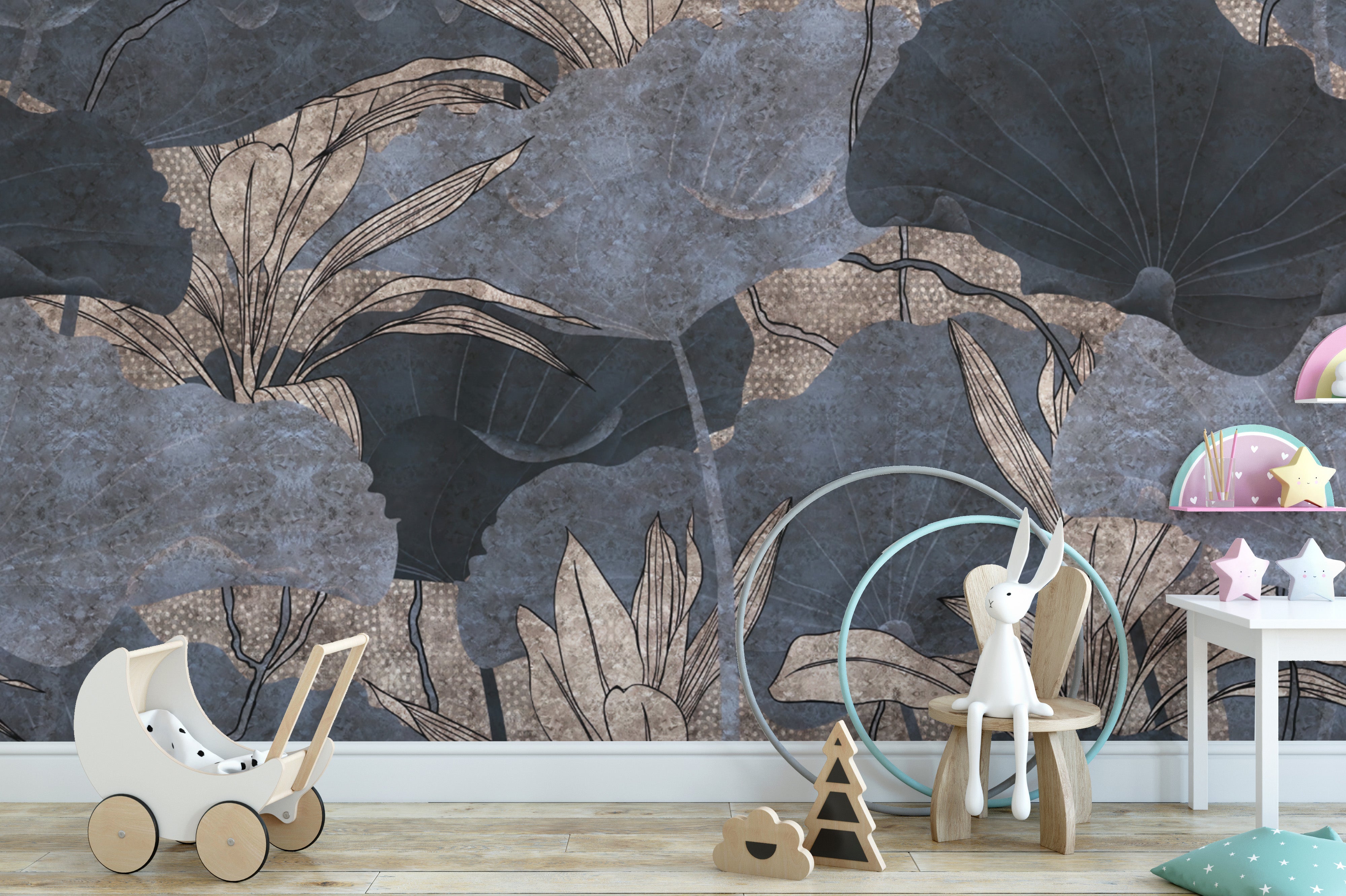 Luxury grey and blue leaf wall covering
