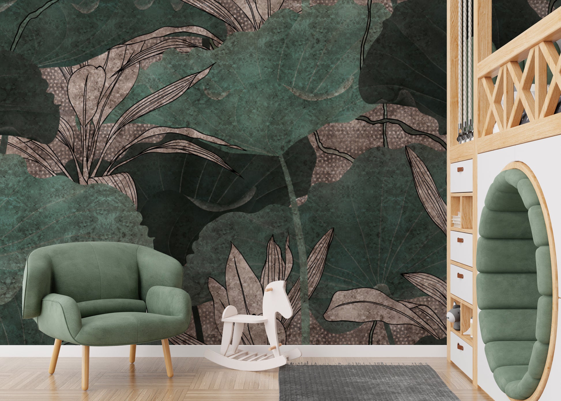 Textured green leaf wallpaper with metallic finish
