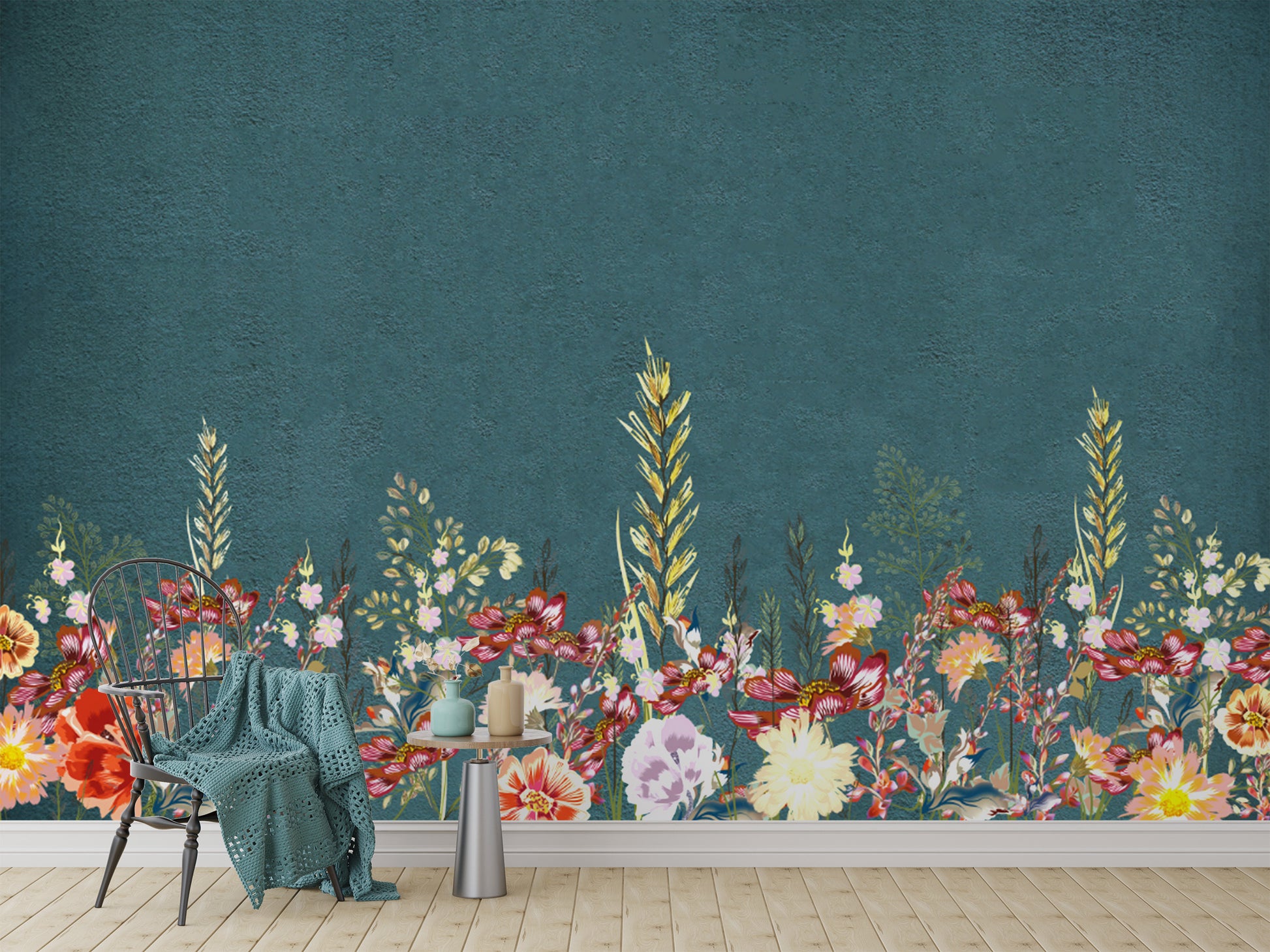 Vibrant botanical wall covering with floral details
