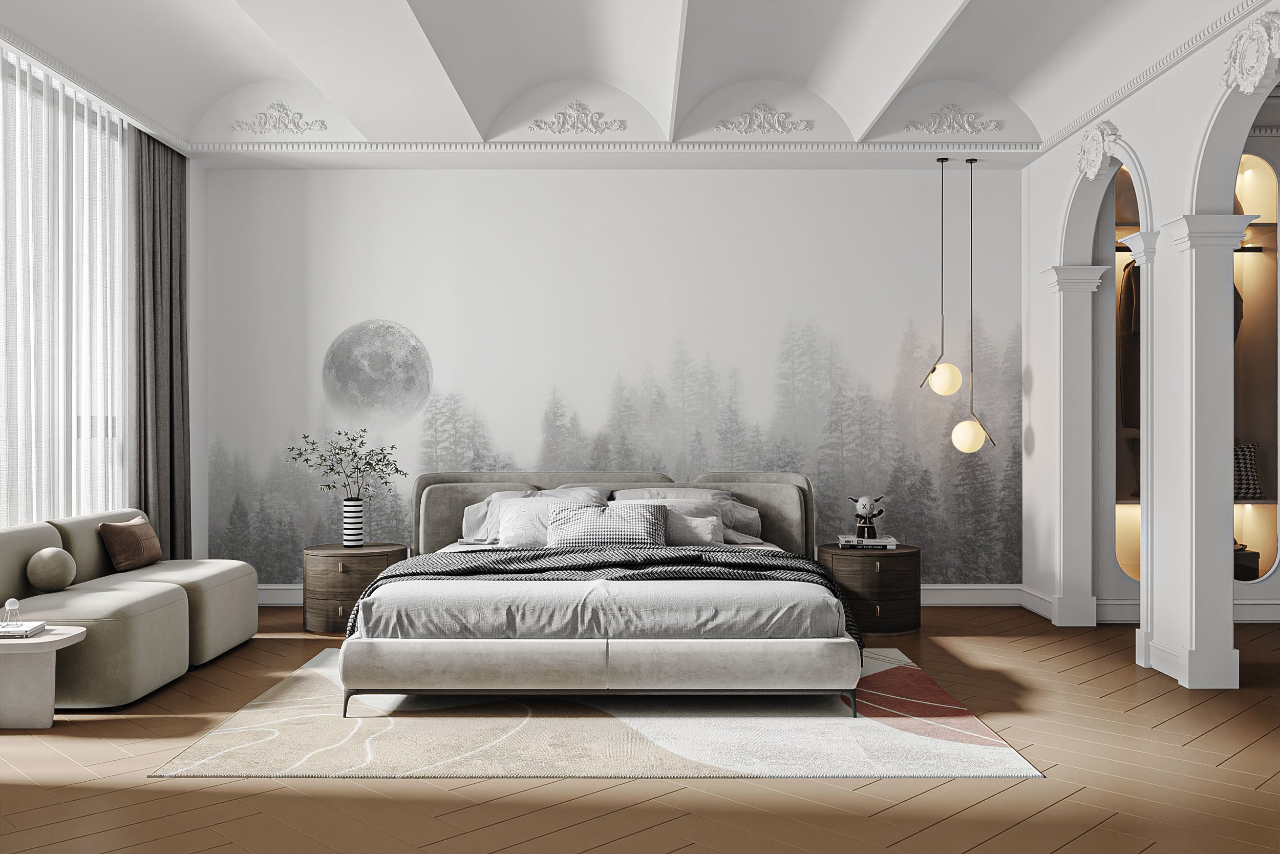 Serene woodland scene wallpaper in grayscale
