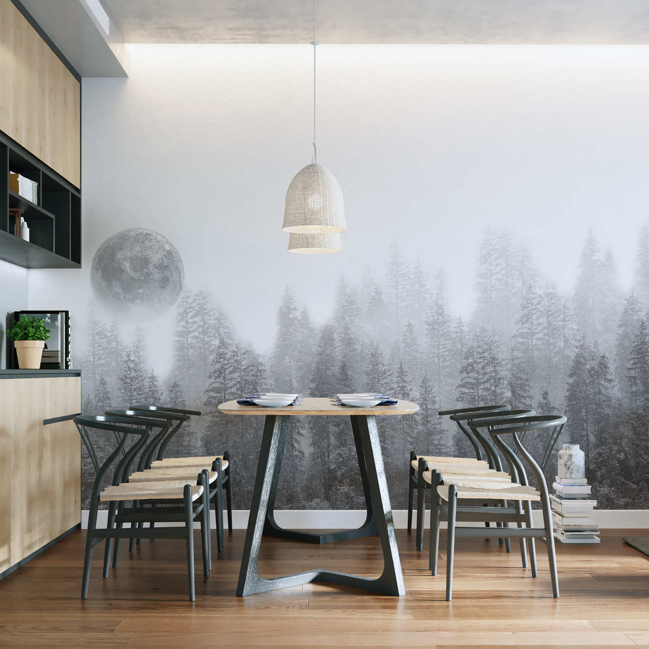 Misty forest moon wallpaper mural design