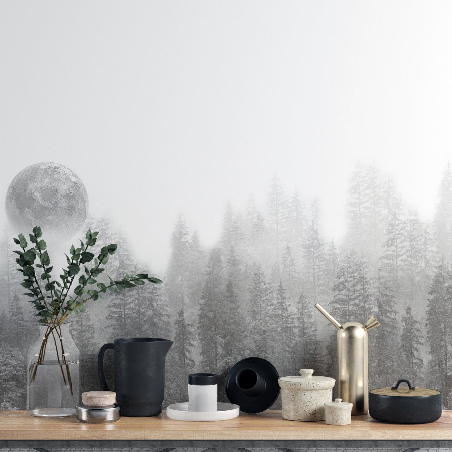 Monochrome moon and trees wall mural
