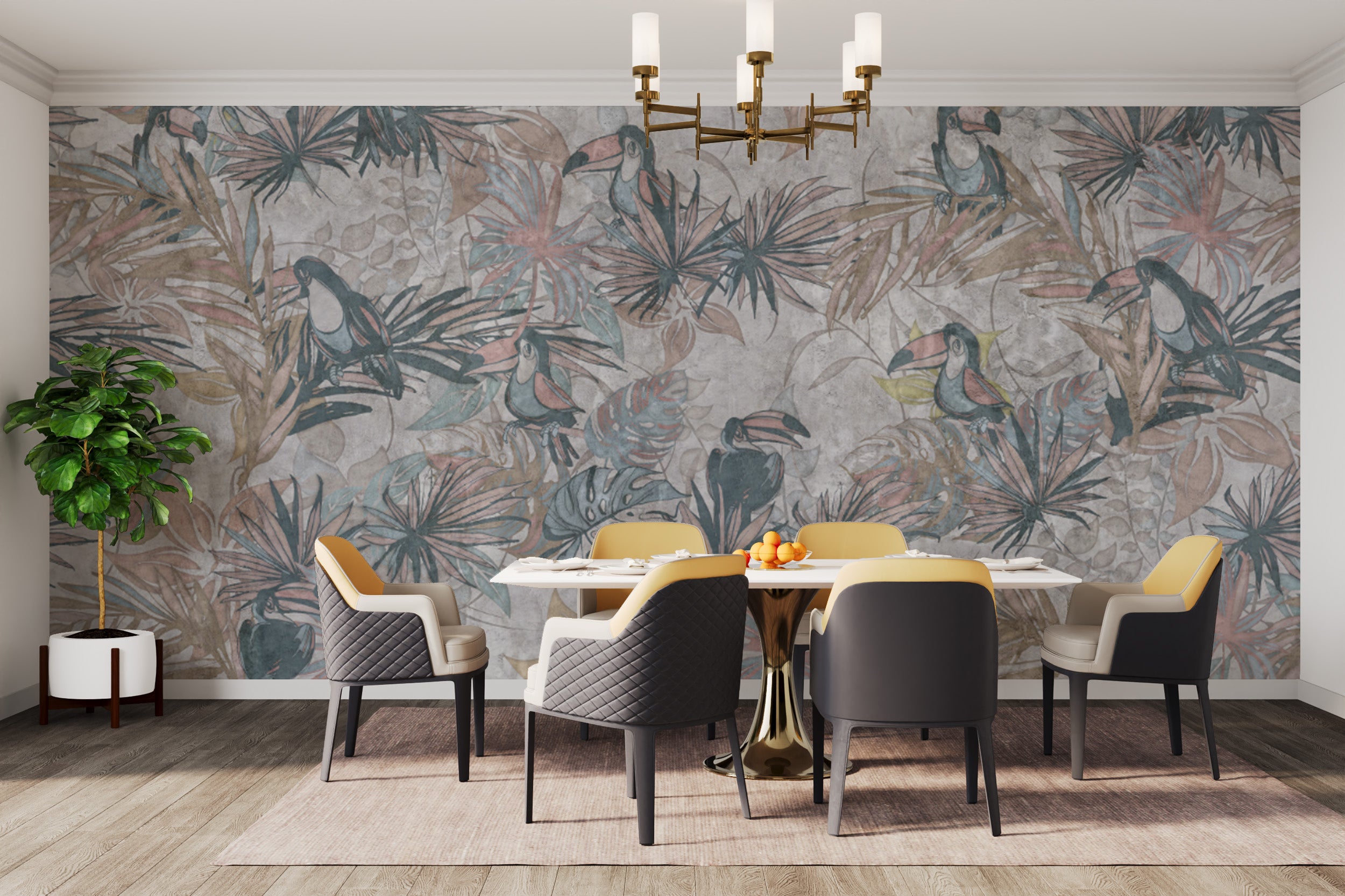 Nature-inspired toucan wallpaper in neutral shades
