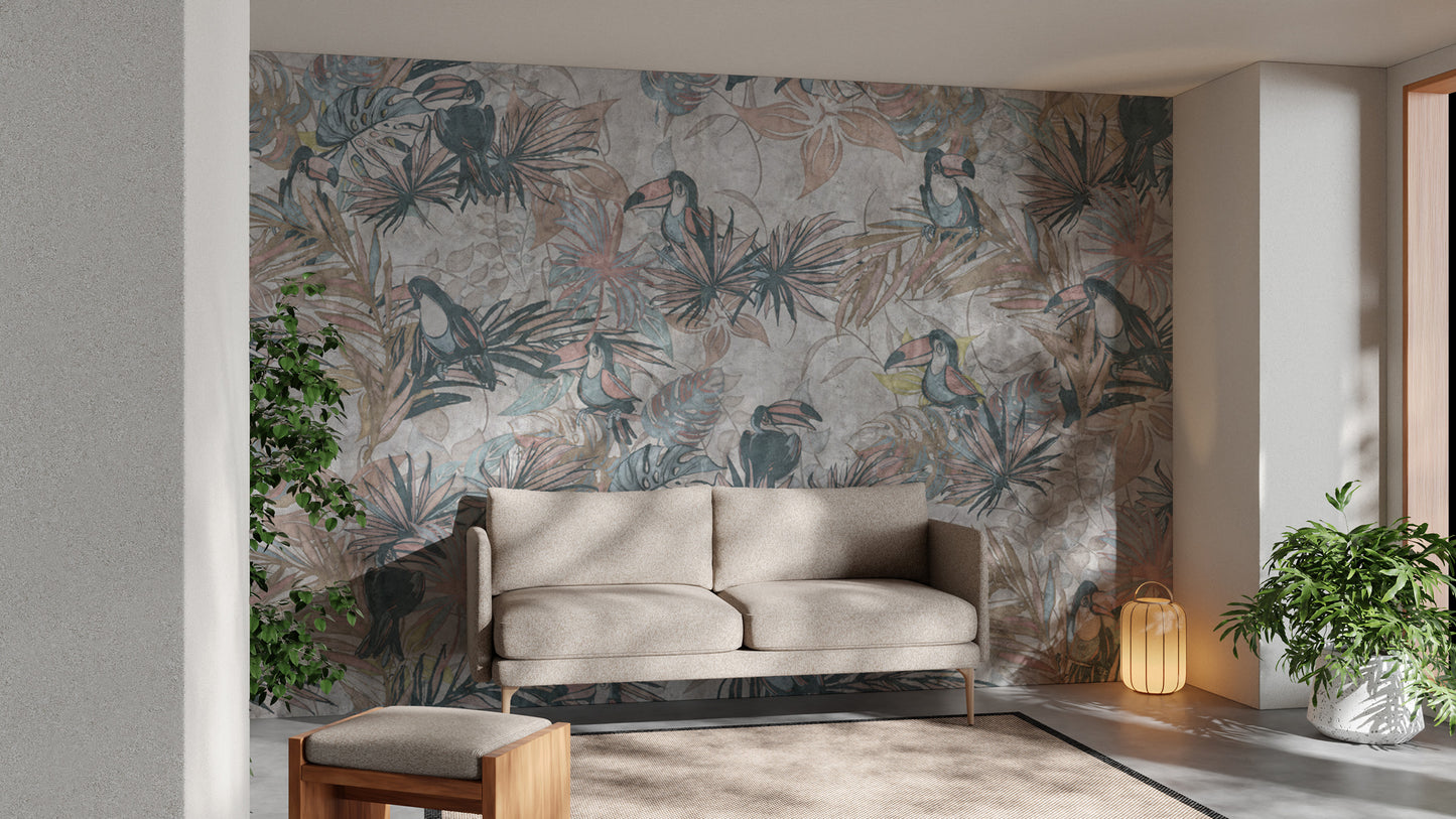 Illustrated toucans and foliage on tropical wallpaper
