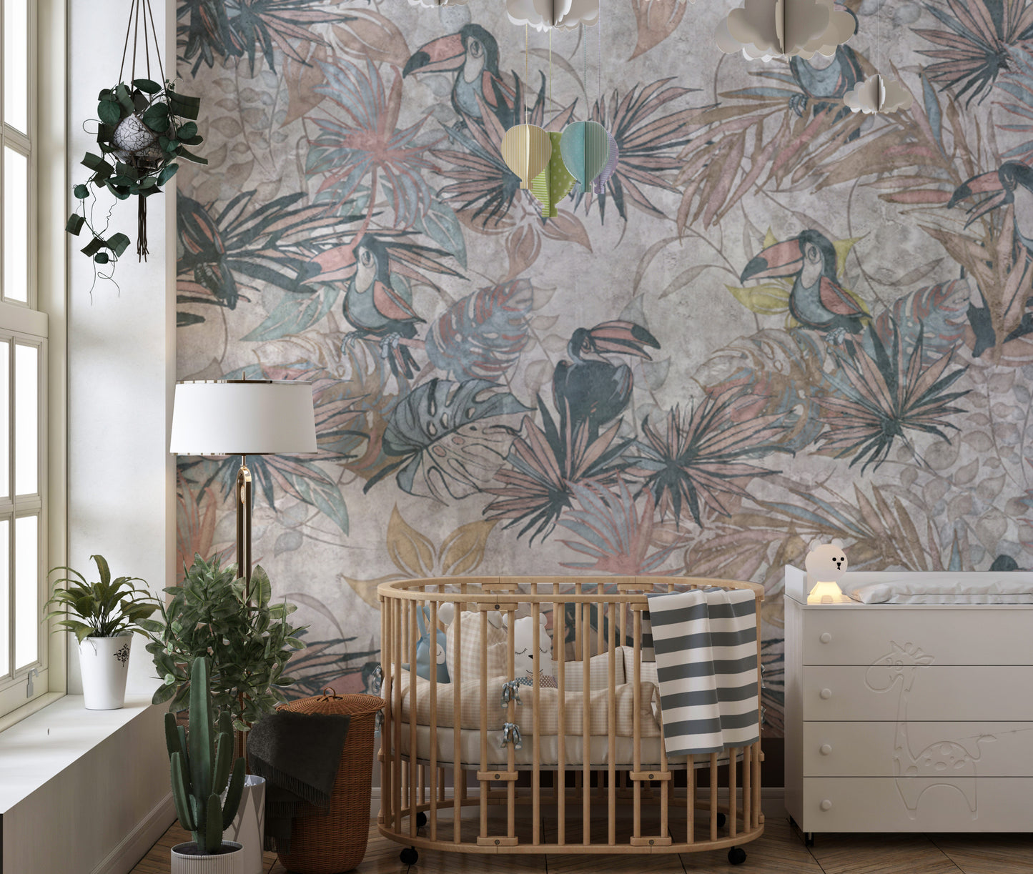 Hand-drawn toucan mural in muted tropical colors
