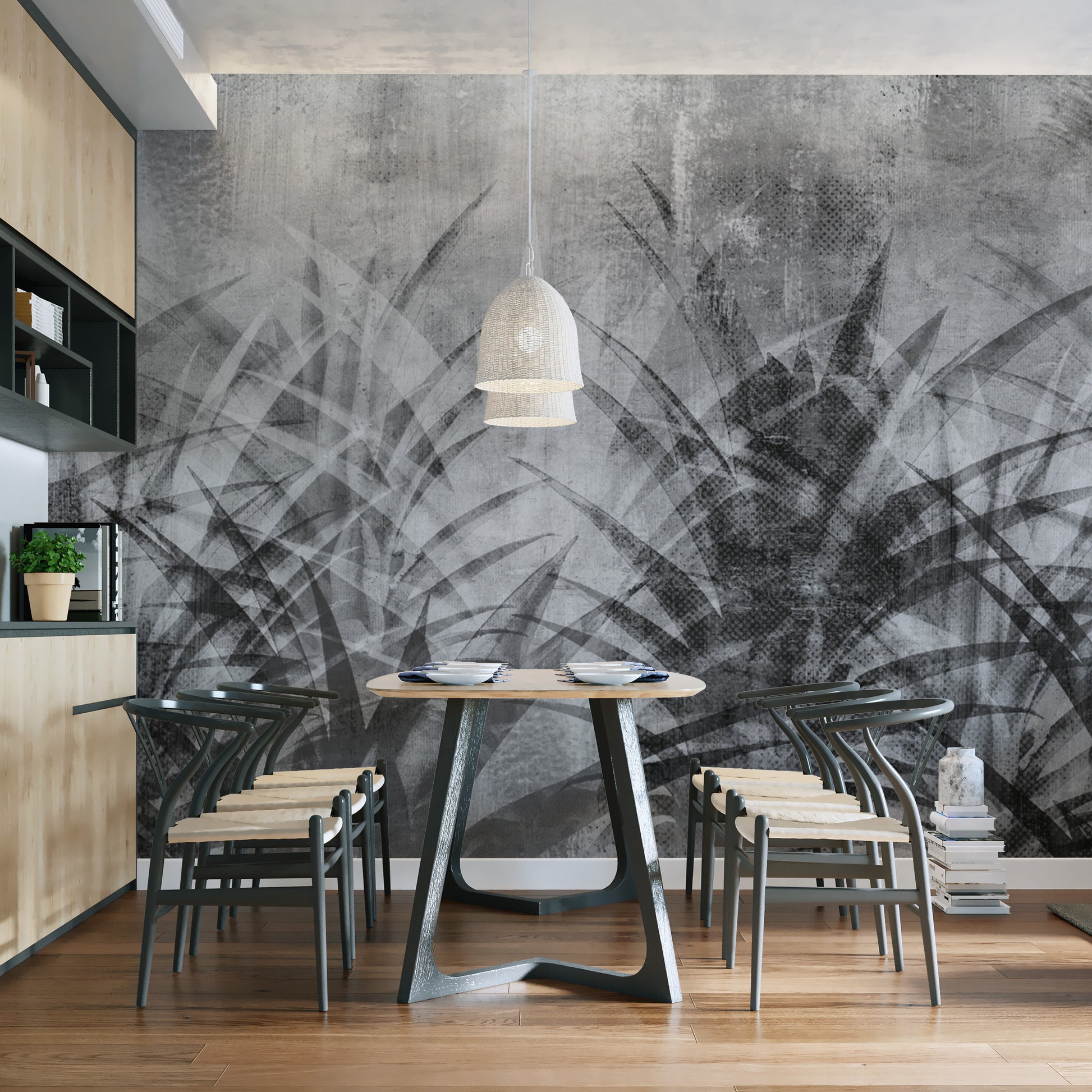 Monochrome botanical leaf wallpaper in grayscale
