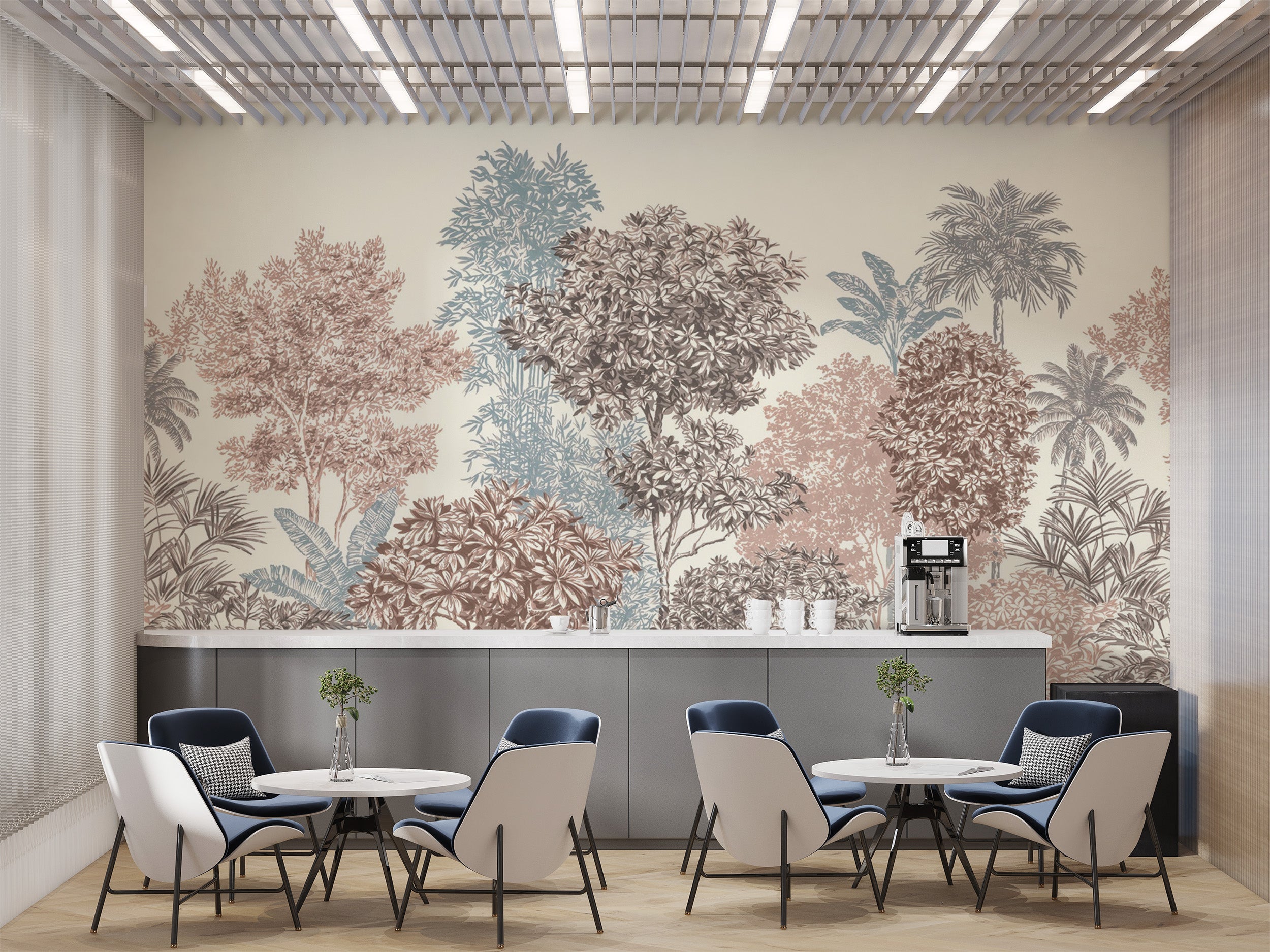 Nature-inspired tropical forest mural in muted shades
