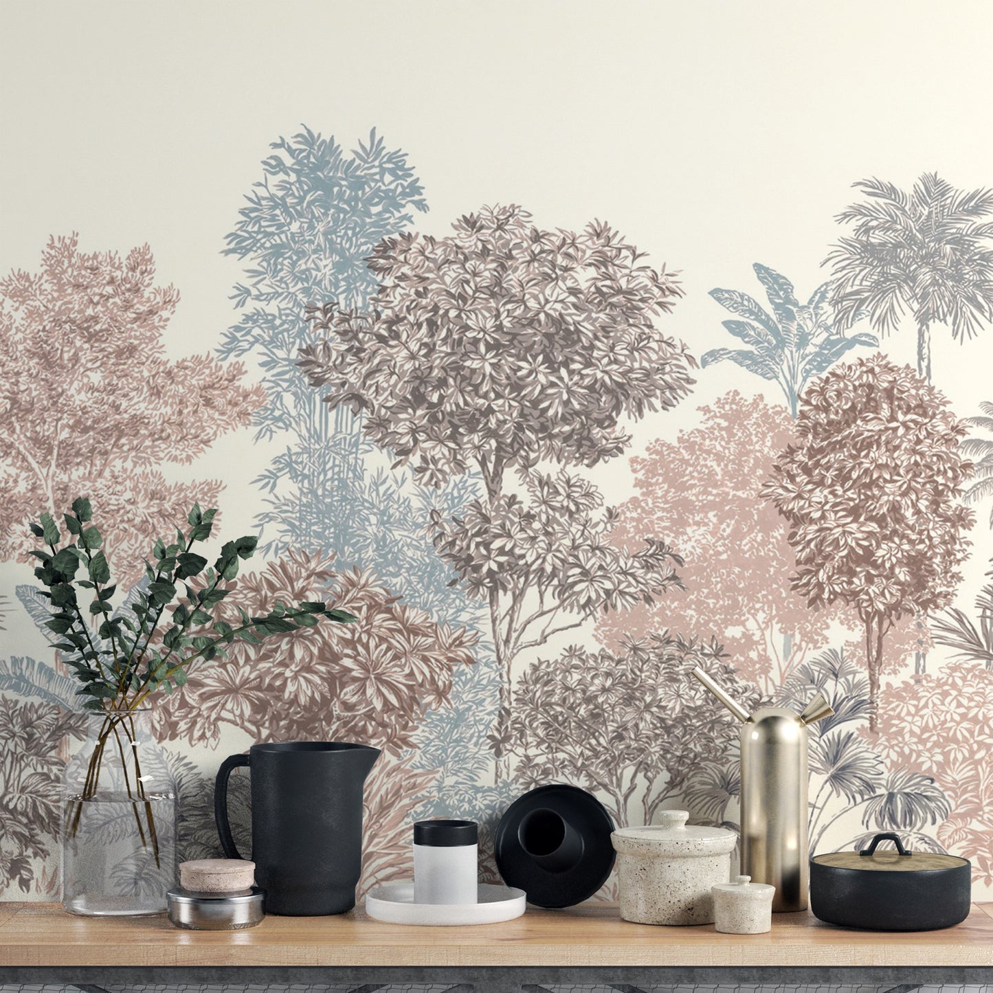 Vintage tropical forest wallpaper in muted tones
