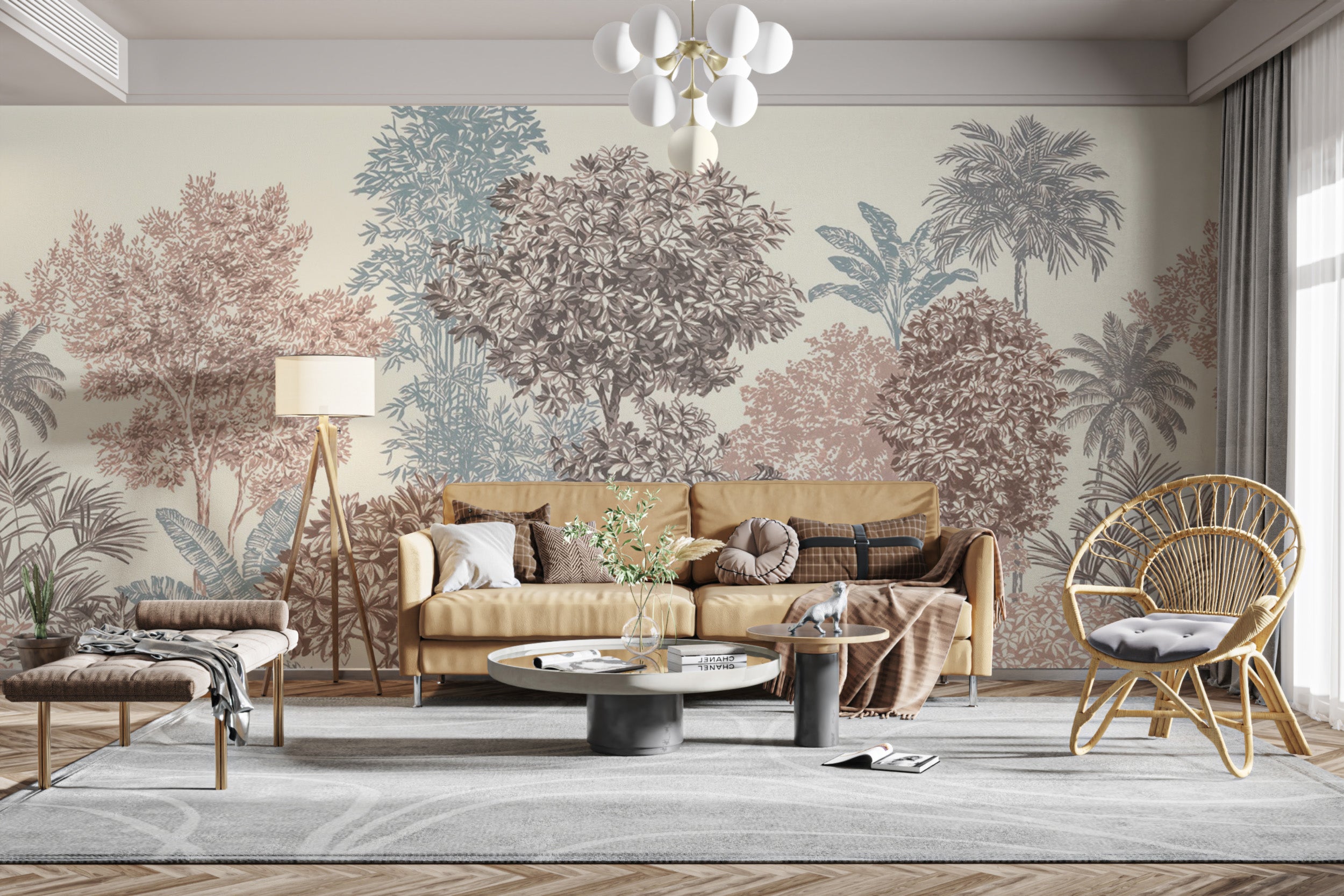 Illustrated jungle scene wallpaper in soft colors
