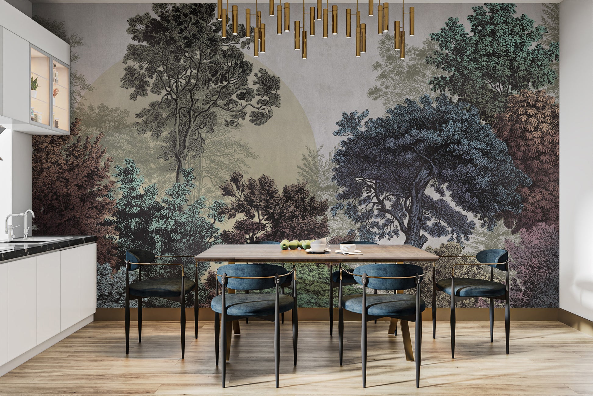 Vintage-style forest mural with colorful trees
