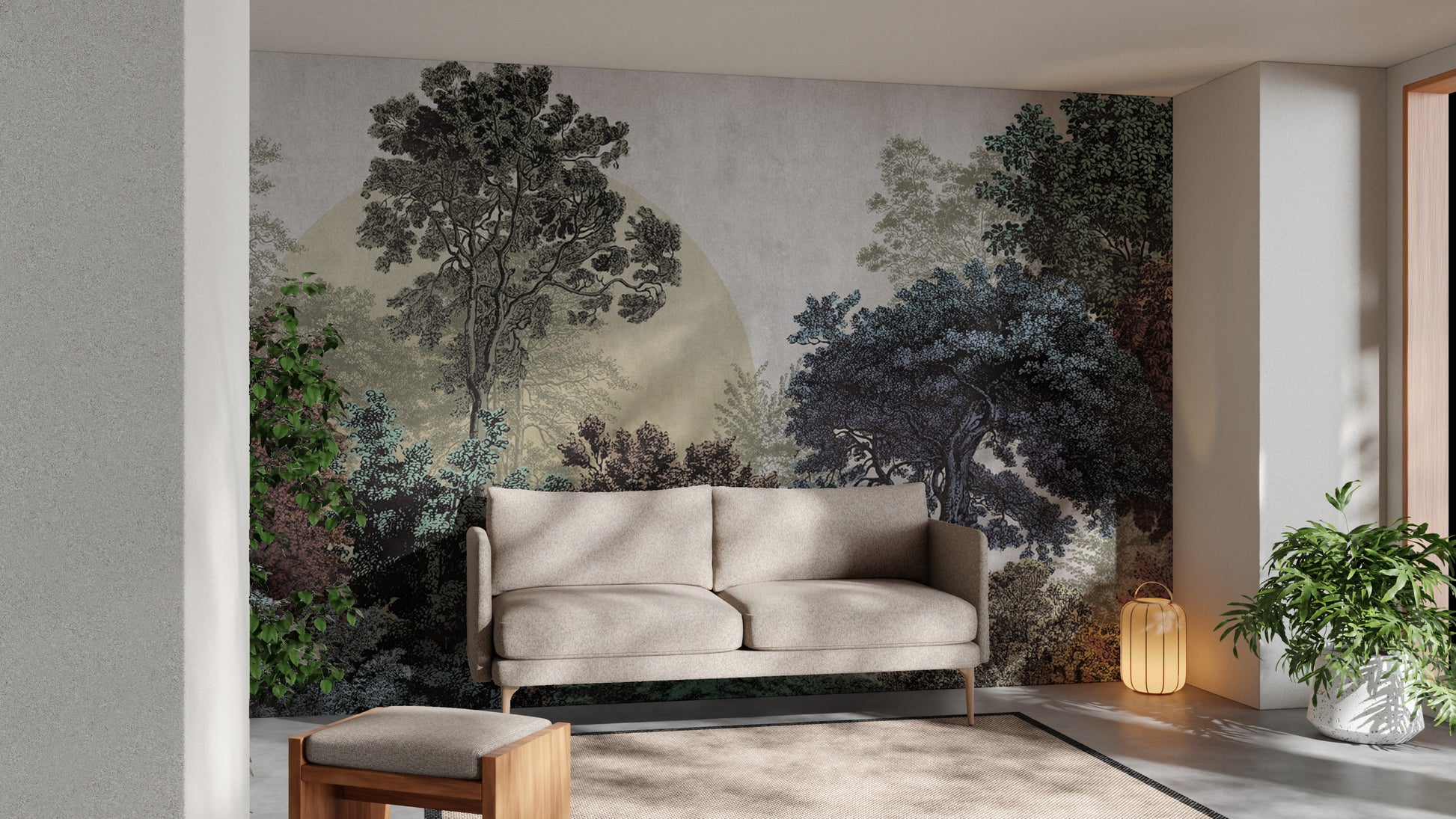 Detailed tree wall mural with colorful foliage
