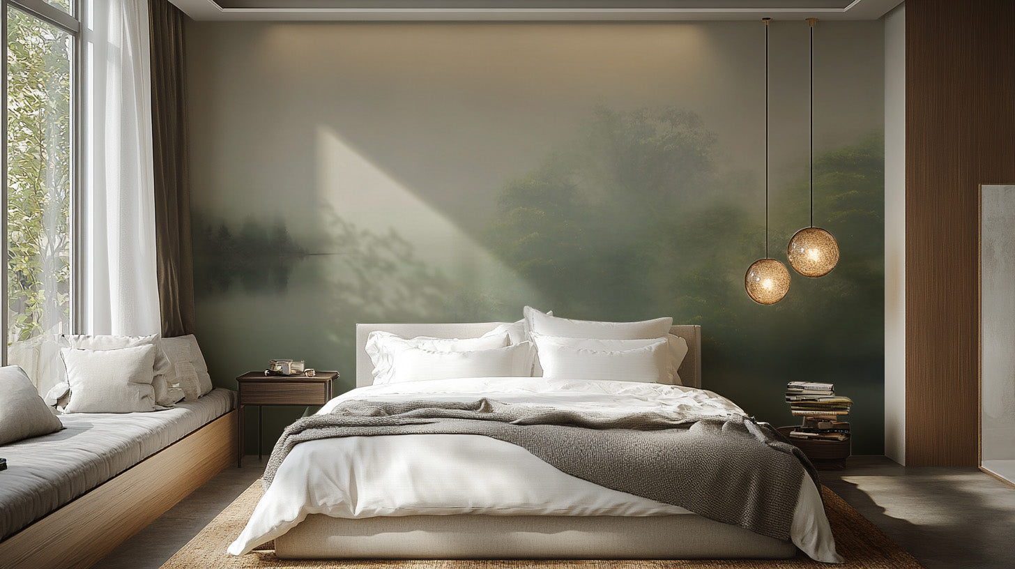 Calm nature-inspired wall mural with forest scene
