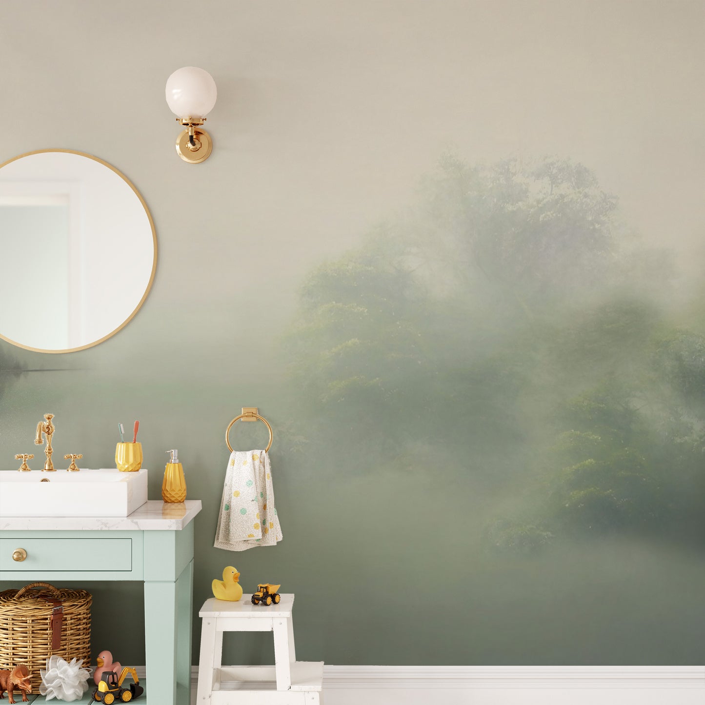 Subtle misty landscape wallpaper in green hues
