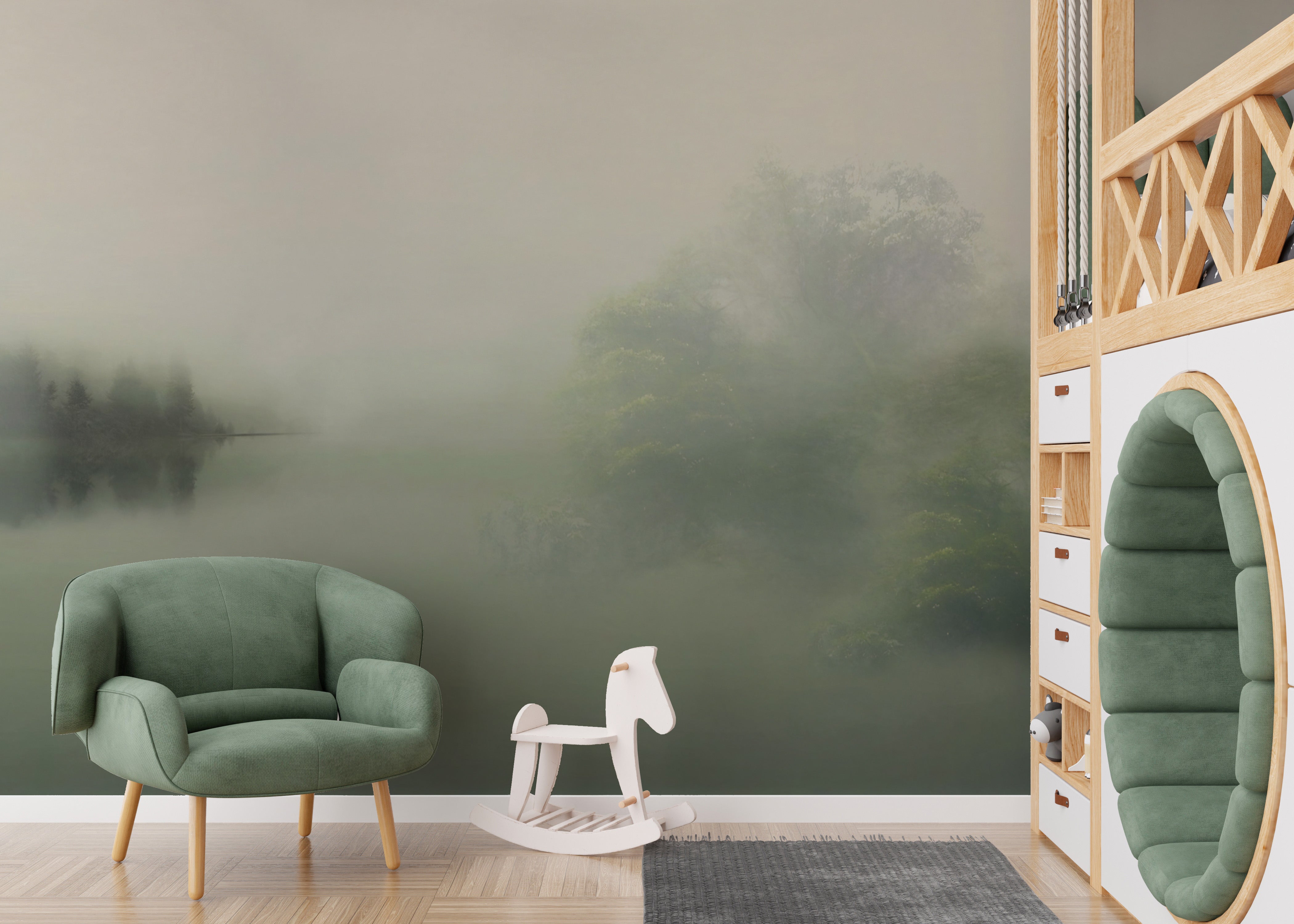 Serene nature wall mural with muted green tones
