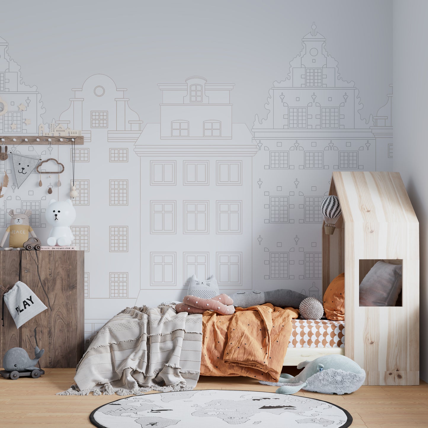 Sketch-style historic architecture wall covering.
