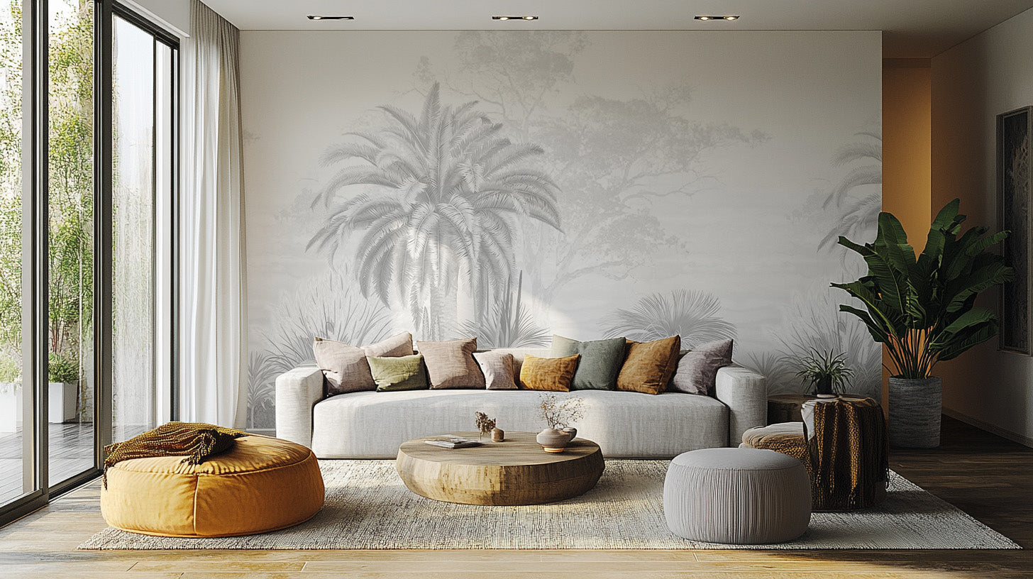 Grey tropical palm wallpaper for living rooms
