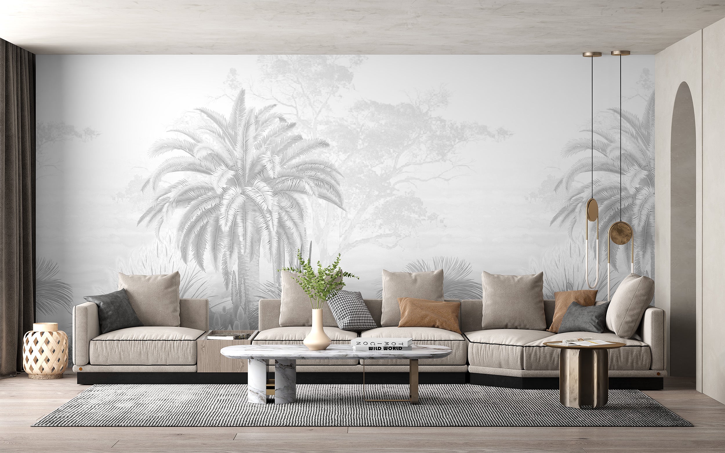 Nature-inspired misty jungle wallpaper design
