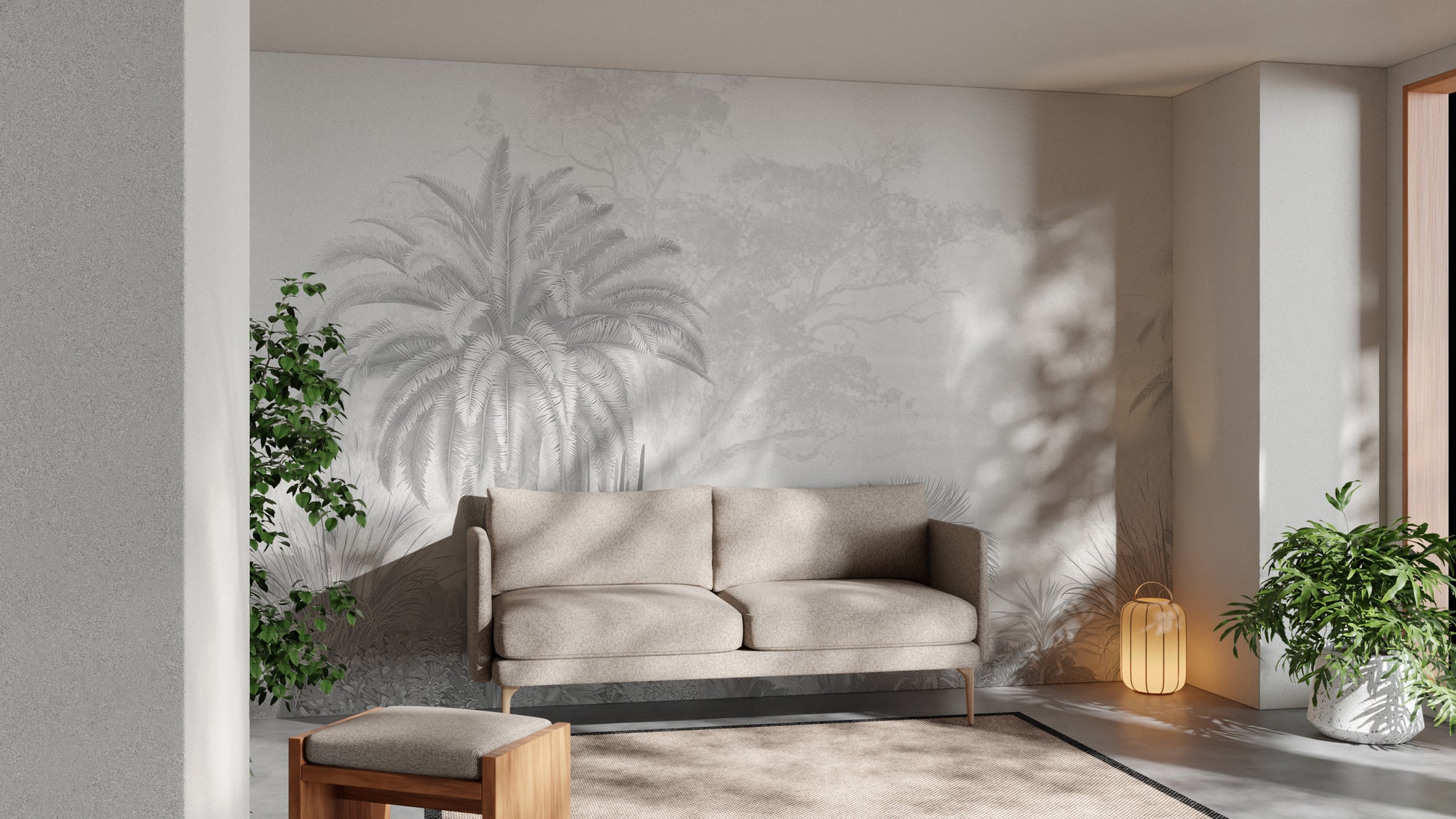 Jungle landscape wall mural with palm leaves
