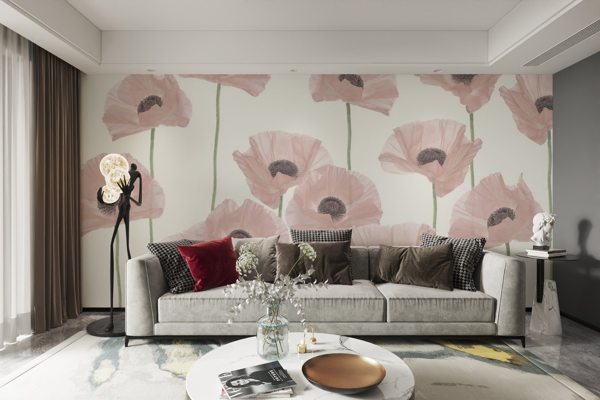 Romantic floral wall mural with pink poppies
