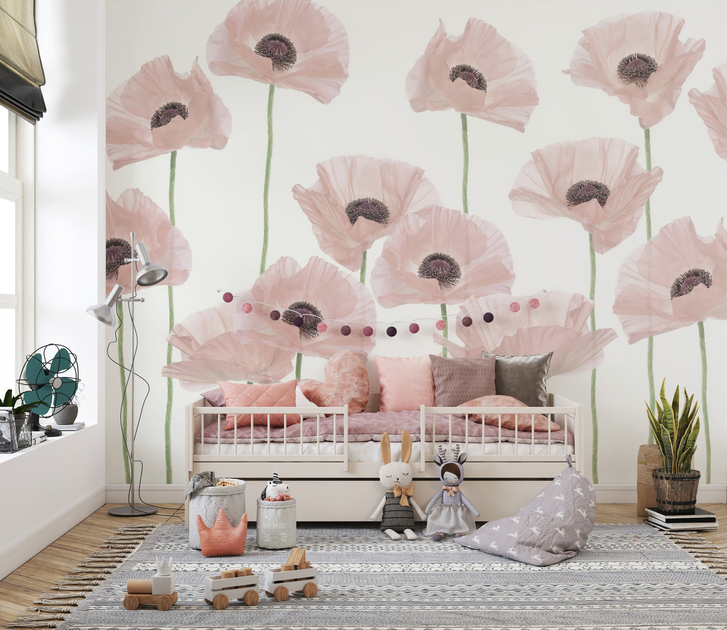 Delicate floral wallpaper with soft pink tones
