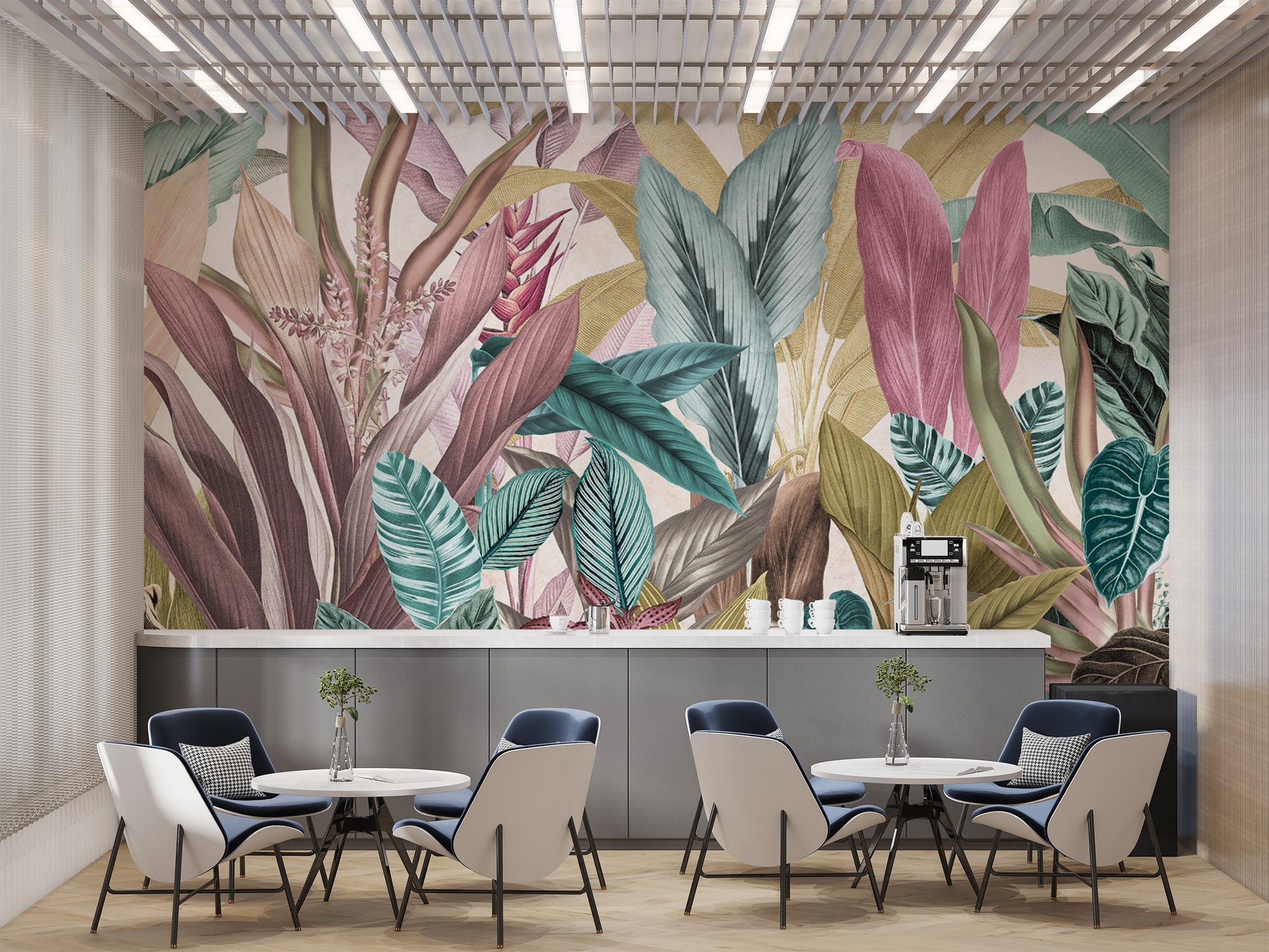 Modern botanical wallpaper in bright hues
