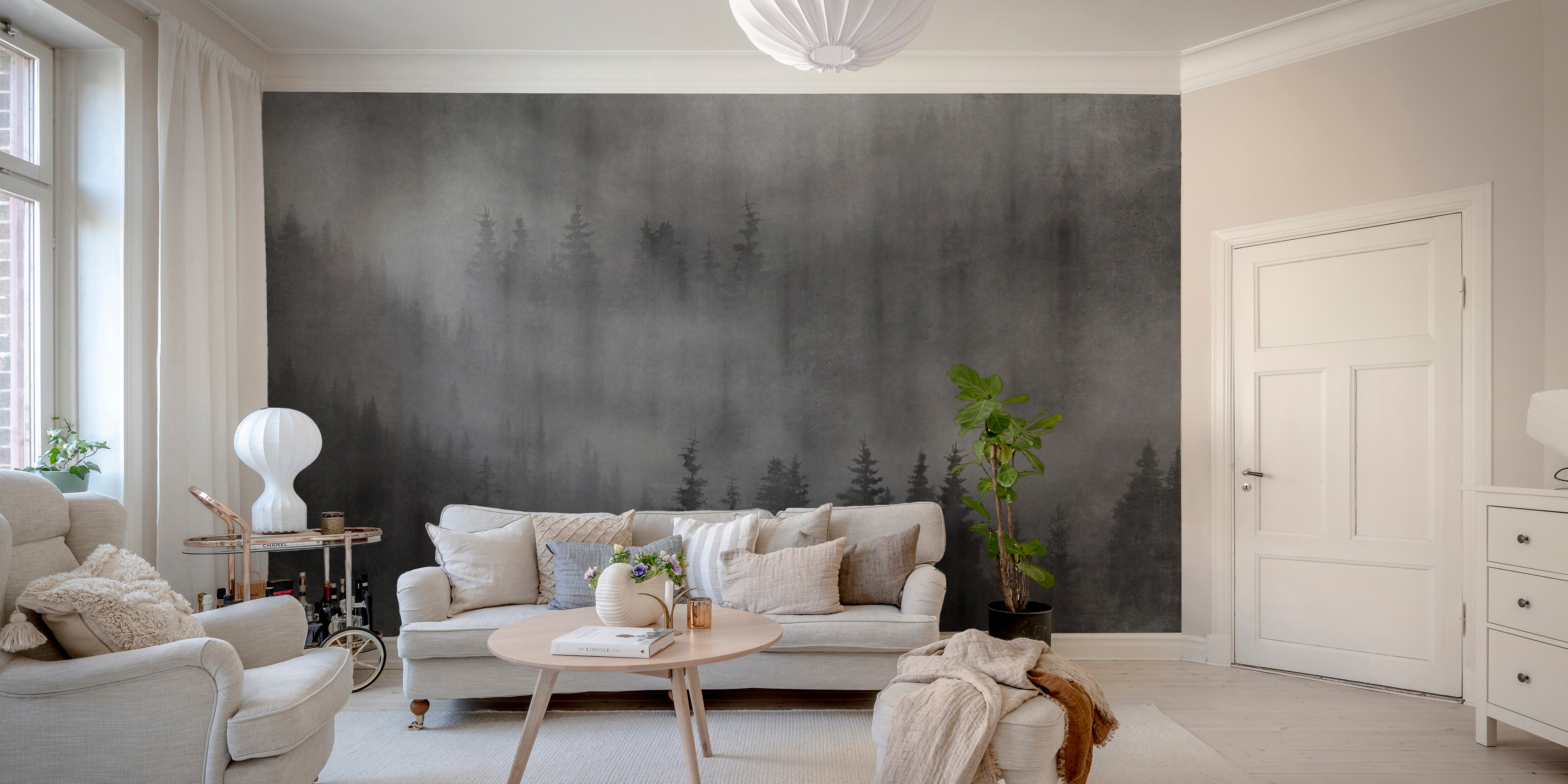 Minimalist black and white forest mural
