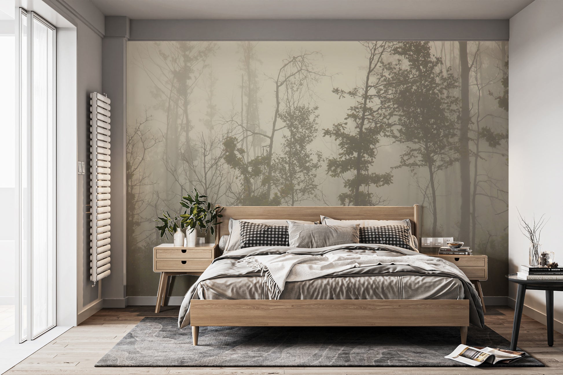 Calm foggy landscape wallpaper design
