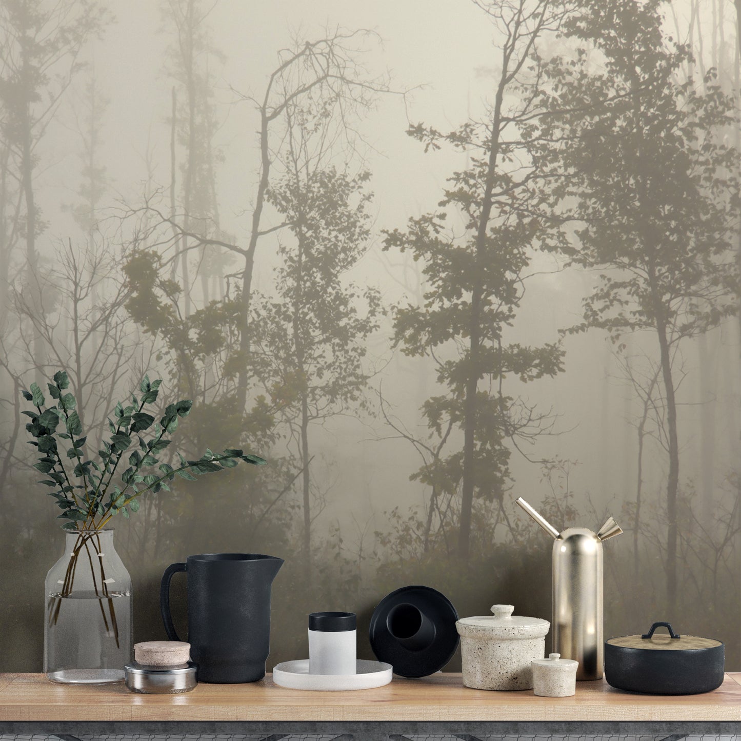 Rustic forest wall mural with fog effect
