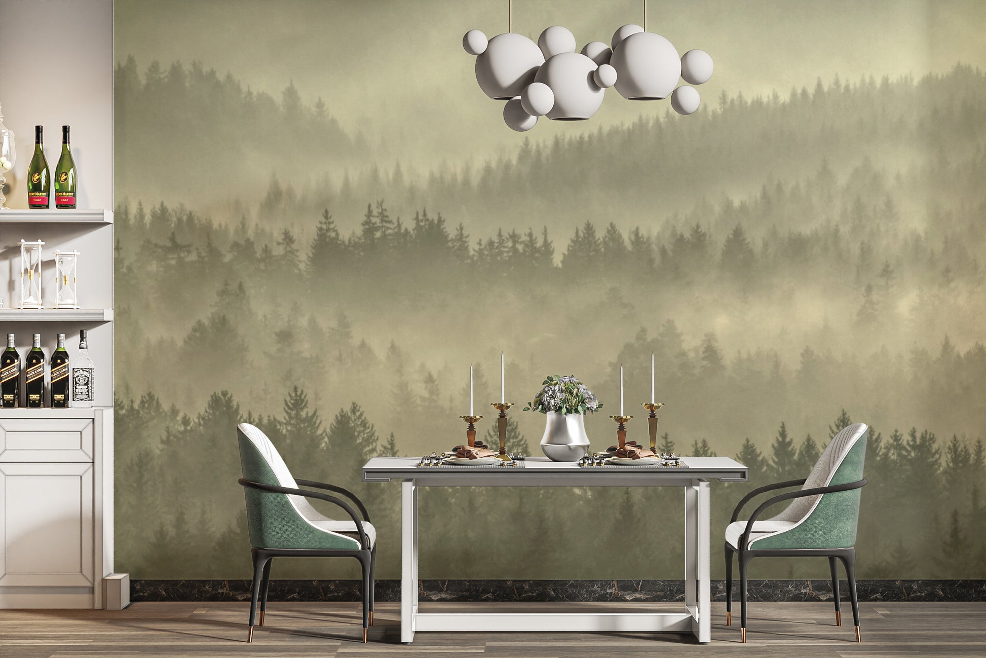 Foggy forest wall mural in soft hues
