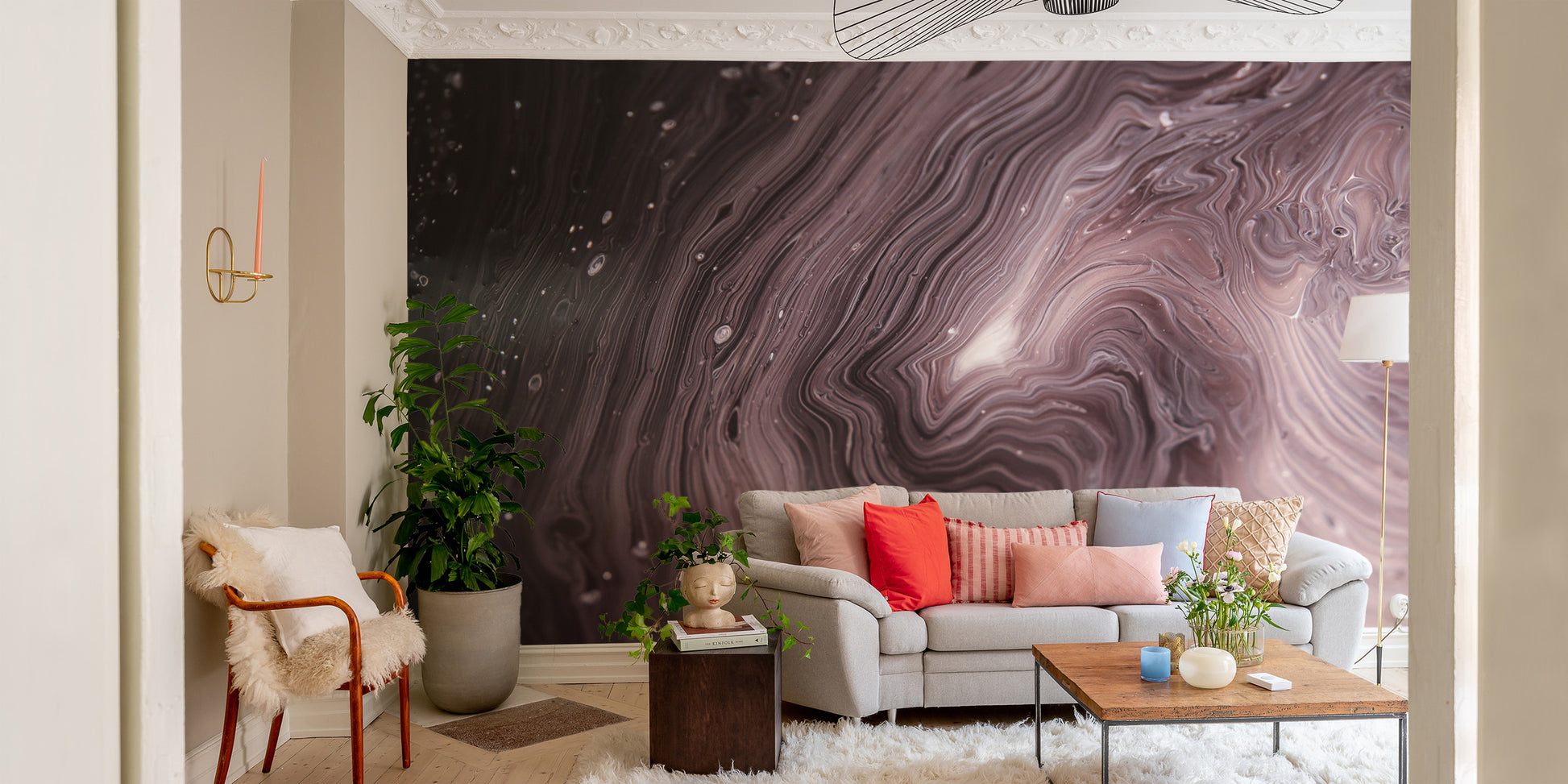 Fluid art wall mural with swirl patterns
