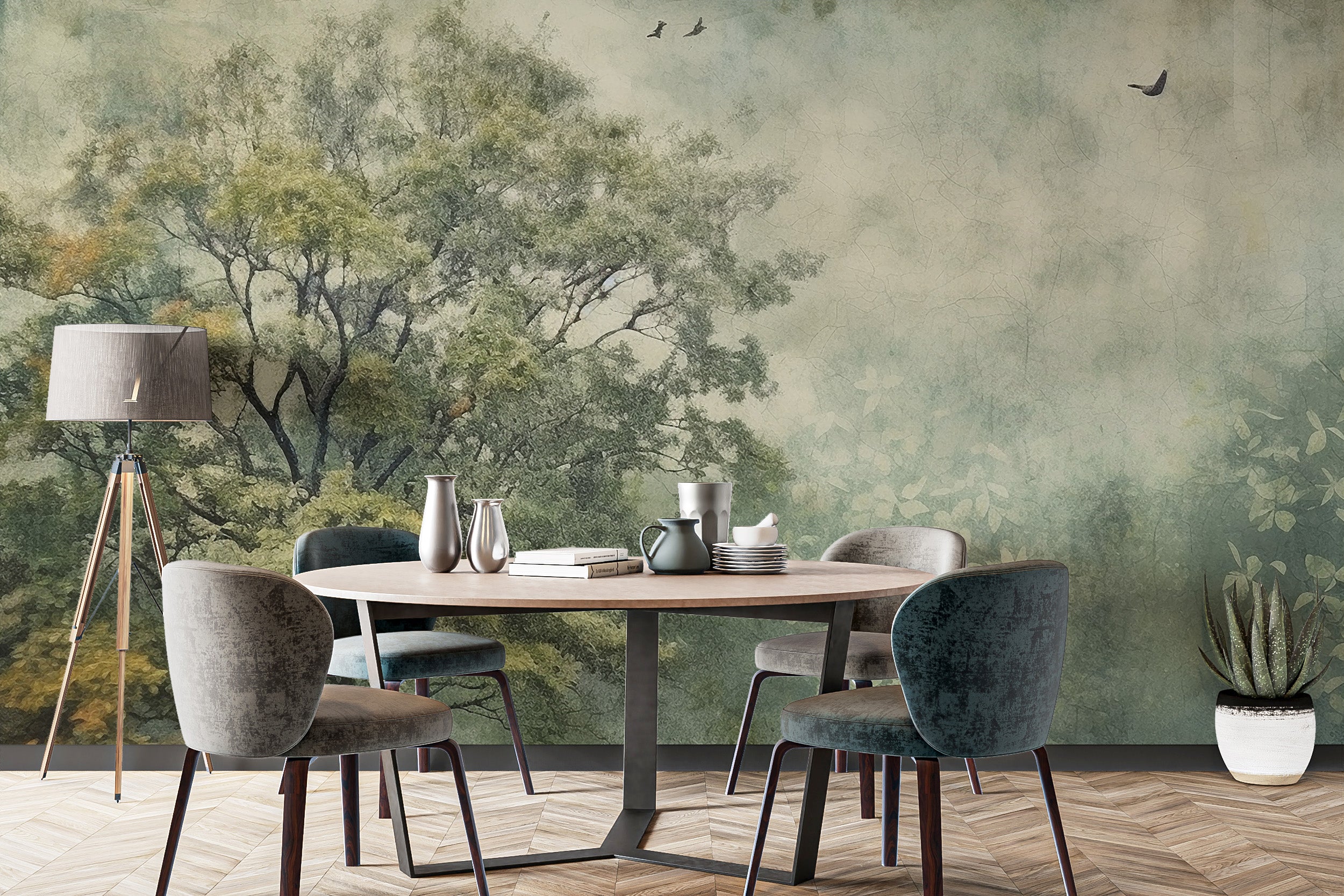 Lush forest-themed mural wallpaper for elegant dining spaces.