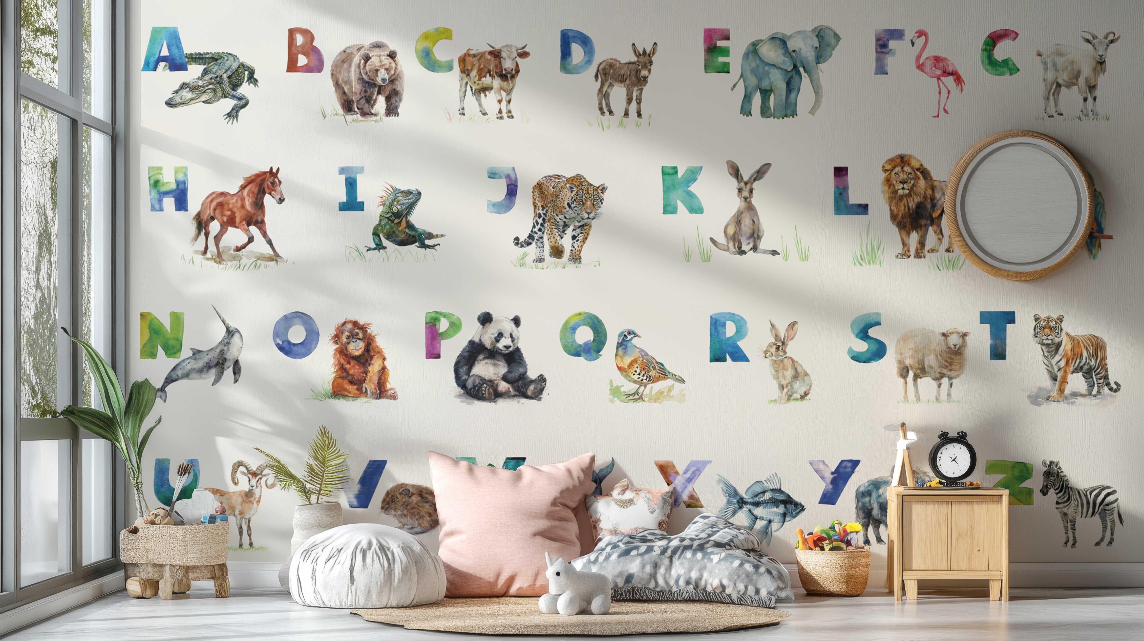 Alphabet Menagerie Kids Wallpaper showcasing watercolor wildlife.