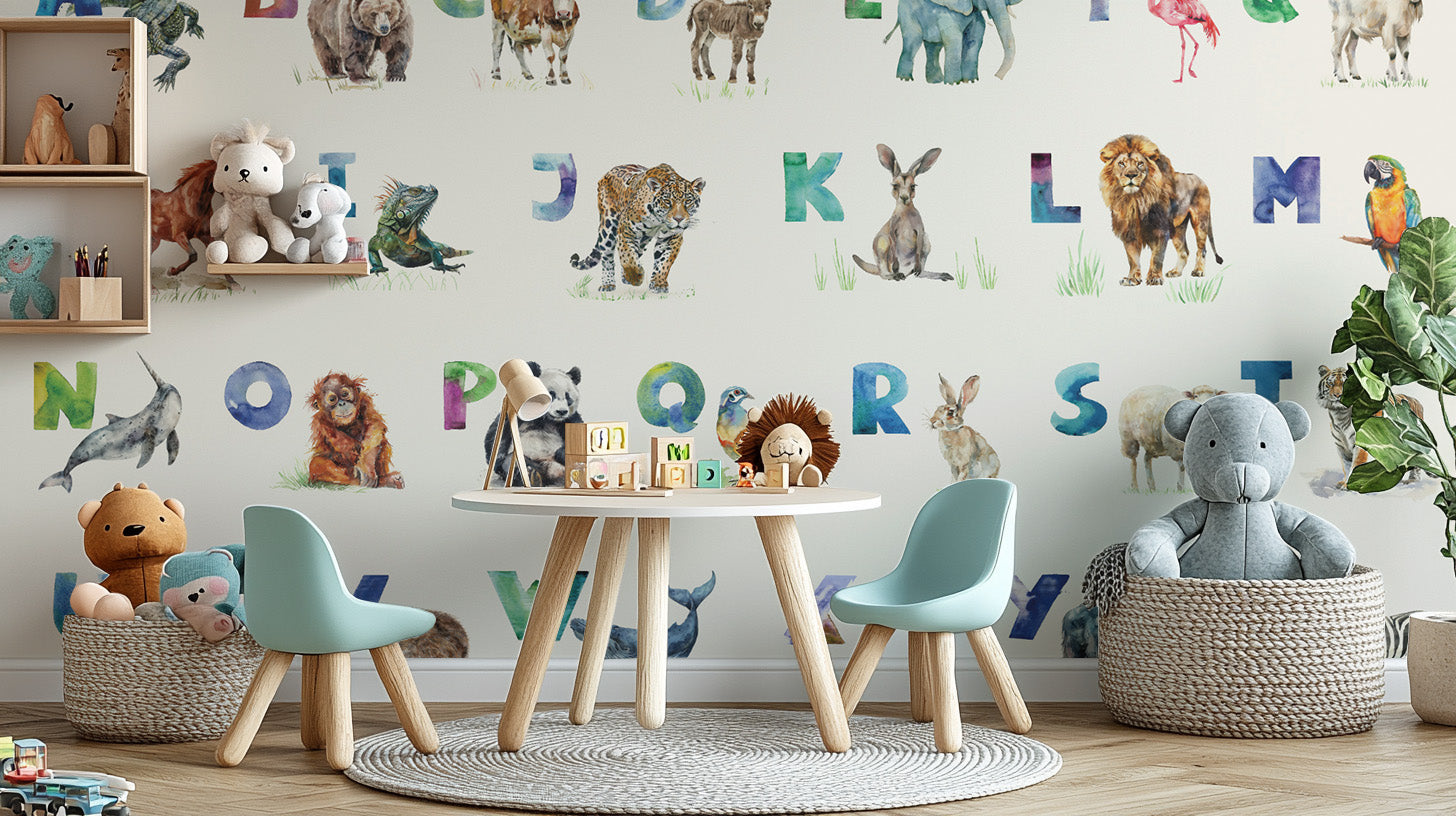 Whimsical animal-themed Alphabet Menagerie wallpaper for children.