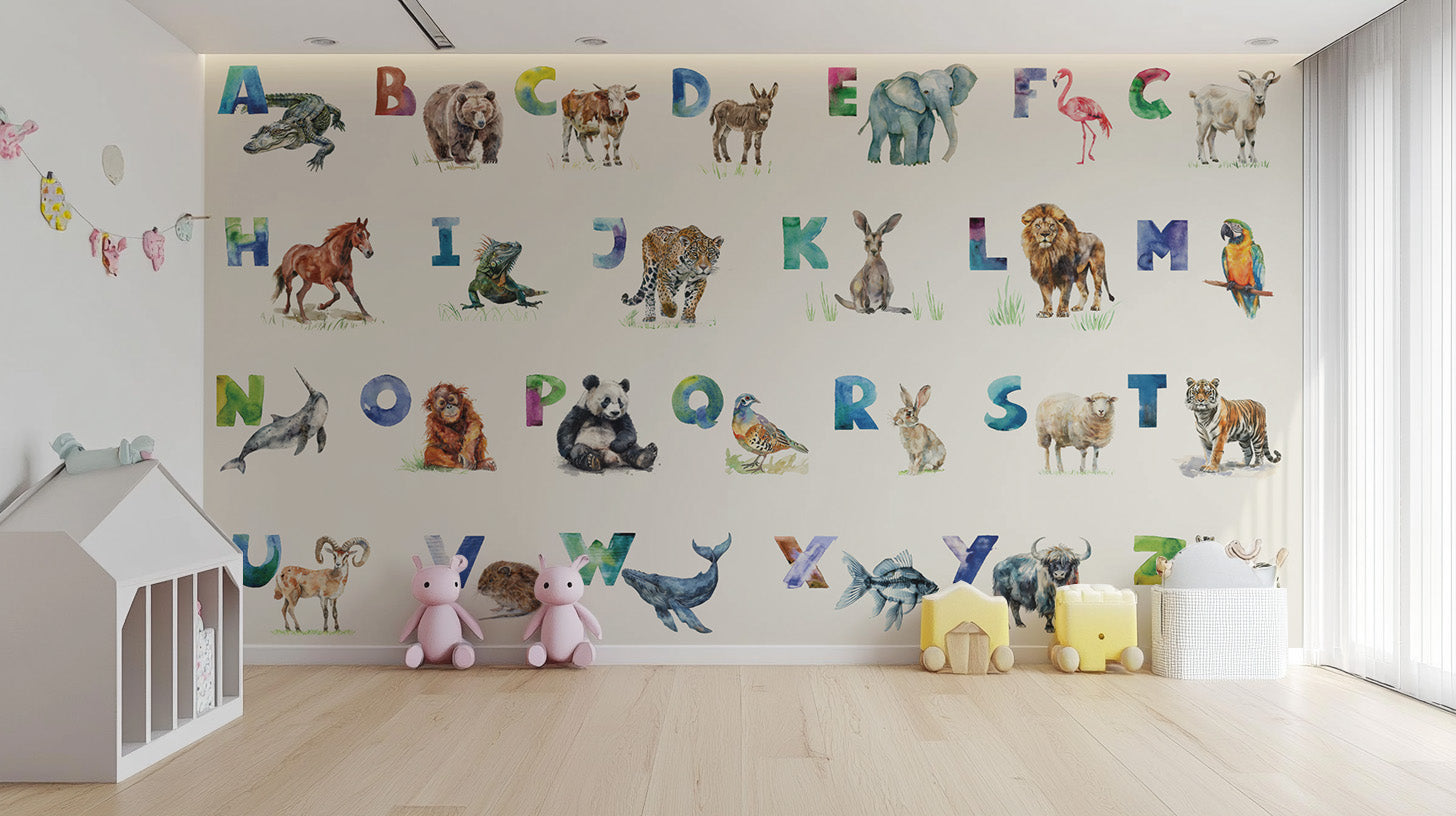 A-Z animal designs in the Alphabet Menagerie Kids Wallpaper.